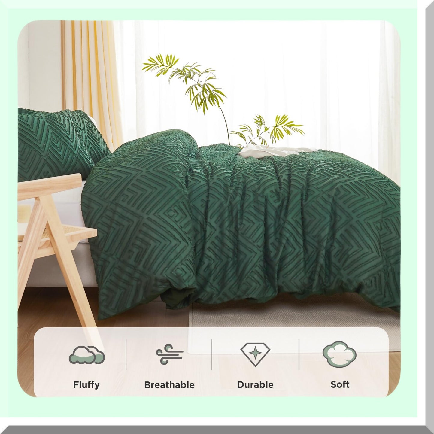 Emerald Green Boho Farmhouse Comforter Set - 3 Piece Tufted Bedding Set - Lightweight All Season Comforter - 104x96In - Fluffy Pillowcases - California Comfort