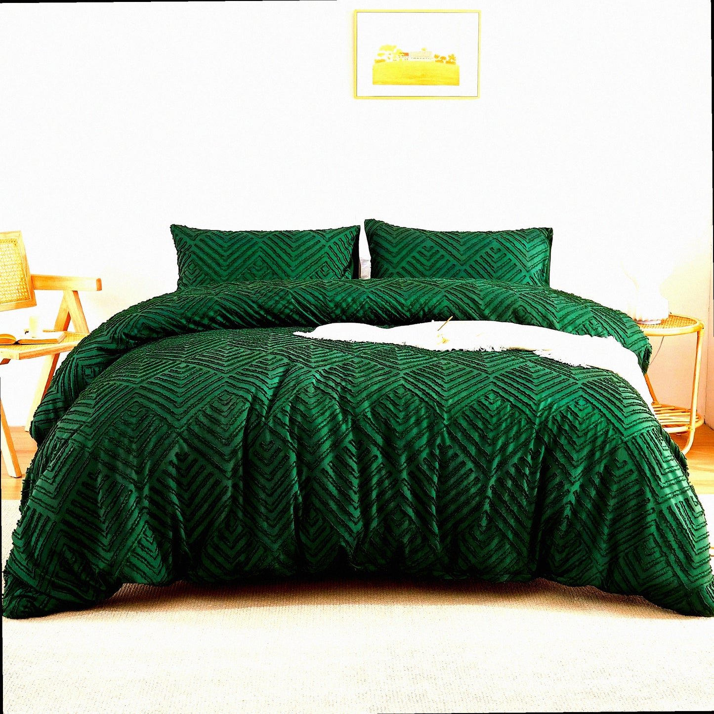 Emerald Green Boho Farmhouse Comforter Set - 3 Piece Tufted Bedding Set - Lightweight All Season Comforter - 104x96In - Fluffy Pillowcases - California Comfort