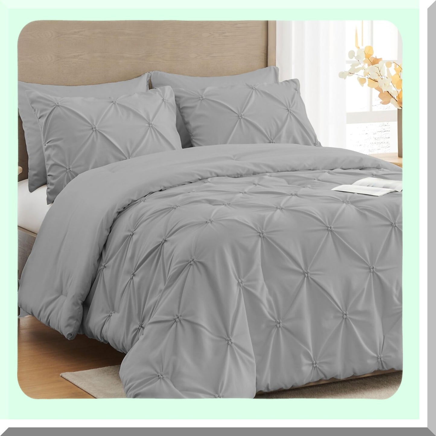 Gray Pintuck Comforter Set - Soft & Fluffy 3-Piece Bedding Bundle for All Seasons. Includes Lightweight Down Alternative Comforter & 2 Pillowcases.