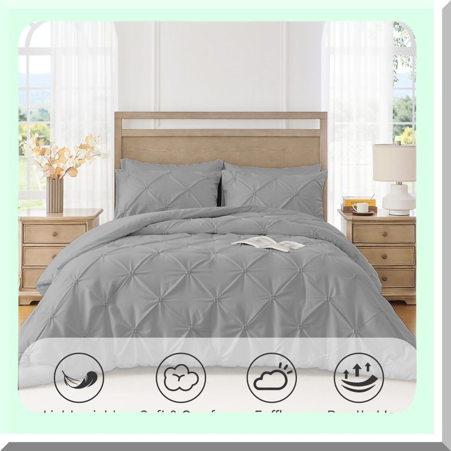 Gray Pintuck Comforter Set - Soft & Fluffy 3-Piece Bedding Bundle for All Seasons. Includes Lightweight Down Alternative Comforter & 2 Pillowcases.