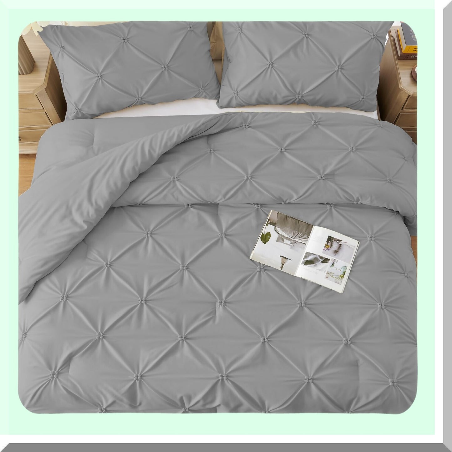 Gray Pintuck Comforter Set - Soft & Fluffy 3-Piece Bedding Bundle for All Seasons. Includes Lightweight Down Alternative Comforter & 2 Pillowcases.