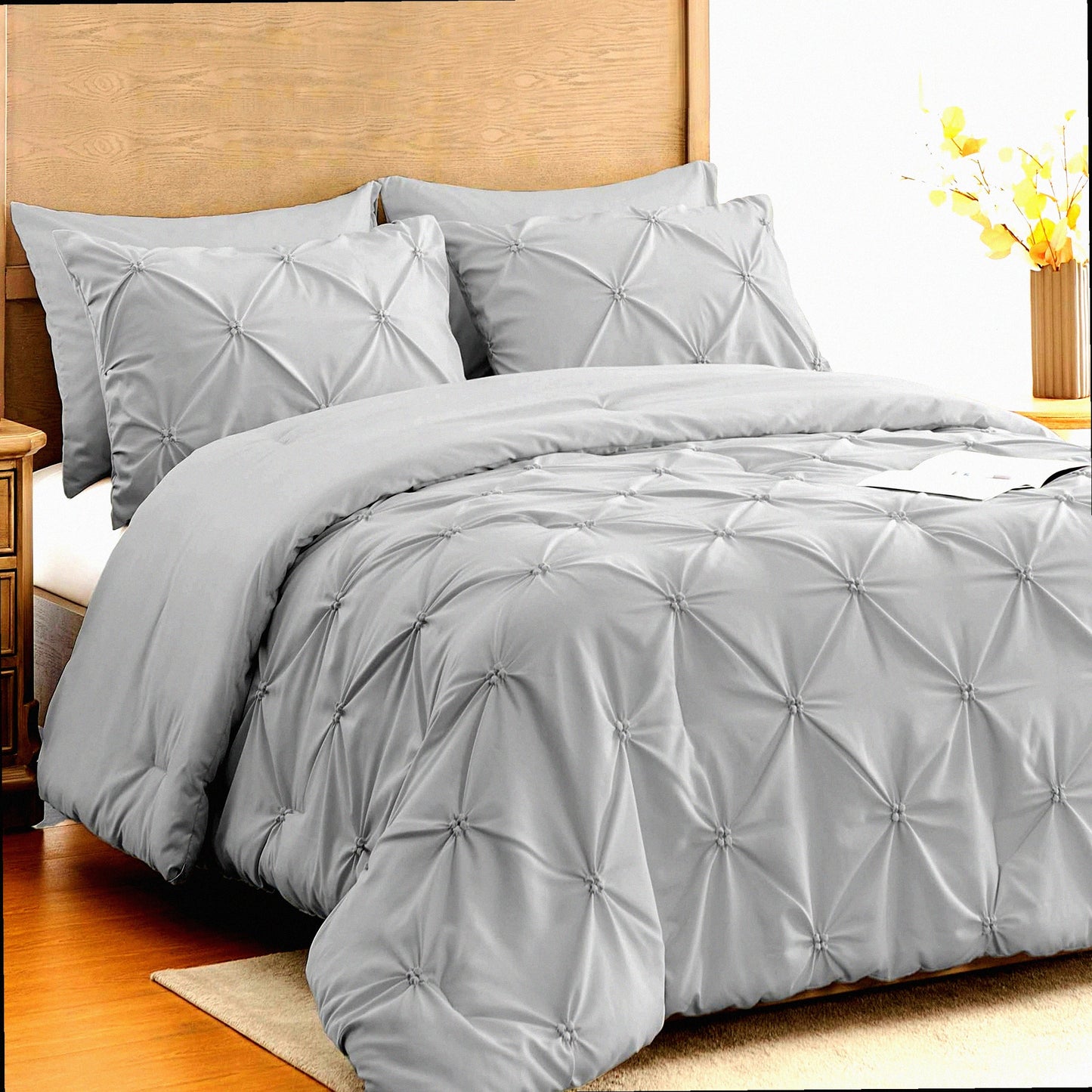 Gray Pintuck Comforter Set - Soft & Fluffy 3-Piece Bedding Bundle for All Seasons. Includes Lightweight Down Alternative Comforter & 2 Pillowcases.