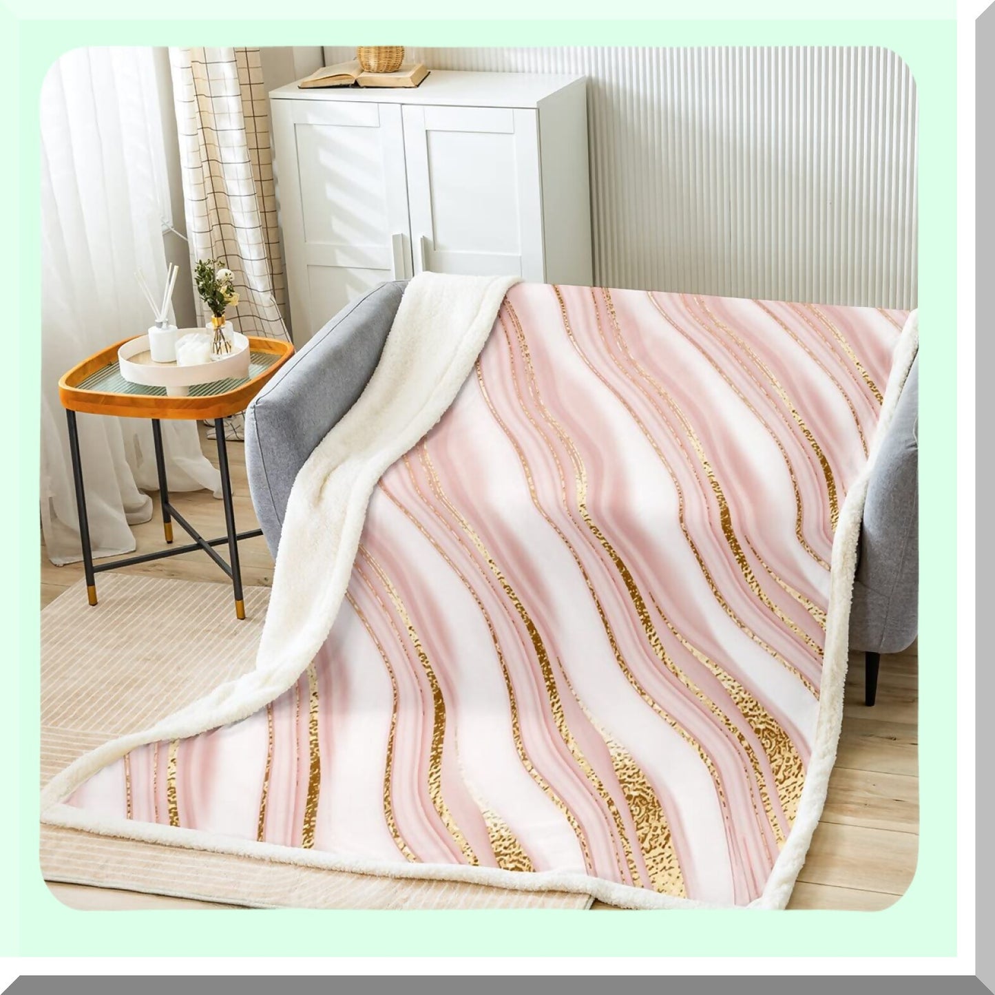 Golden Pink Marble Sherpa Blanket - Luxurious Glitter Throw for Kids, Teens, and Adults - Abstract Geometric Fleece for Bed or Couch