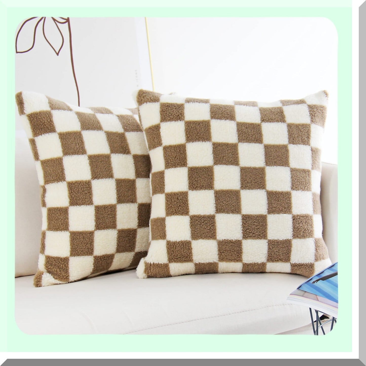 Luxury Checkerboard Wool Pillowcase Set - Soft Cushion Covers for Couch & Bedroom Decor - Pack of 2 Khaki Throw Pillowcases - 18 x 18-Inch Square