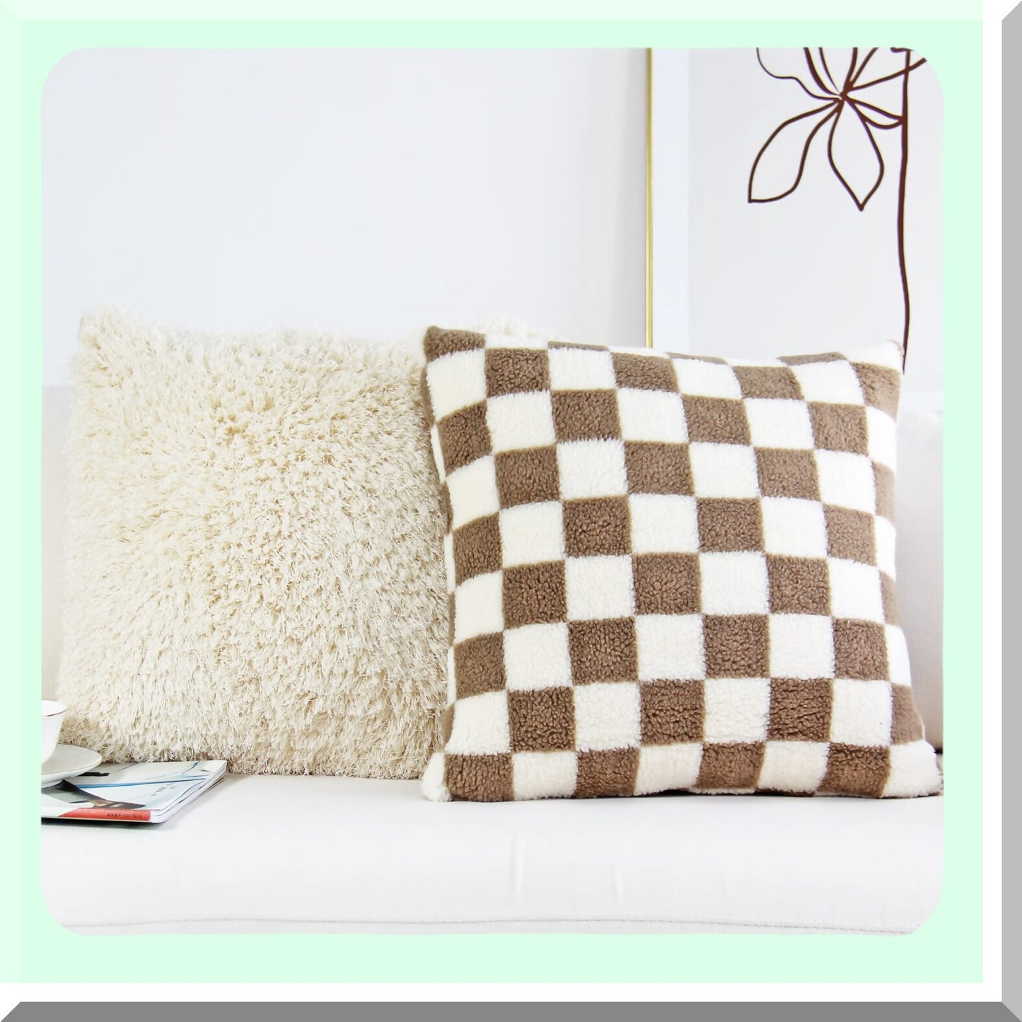 Luxury Checkerboard Wool Pillowcase Set - Soft Cushion Covers for Couch & Bedroom Decor - Pack of 2 Khaki Throw Pillowcases - 18 x 18-Inch Square