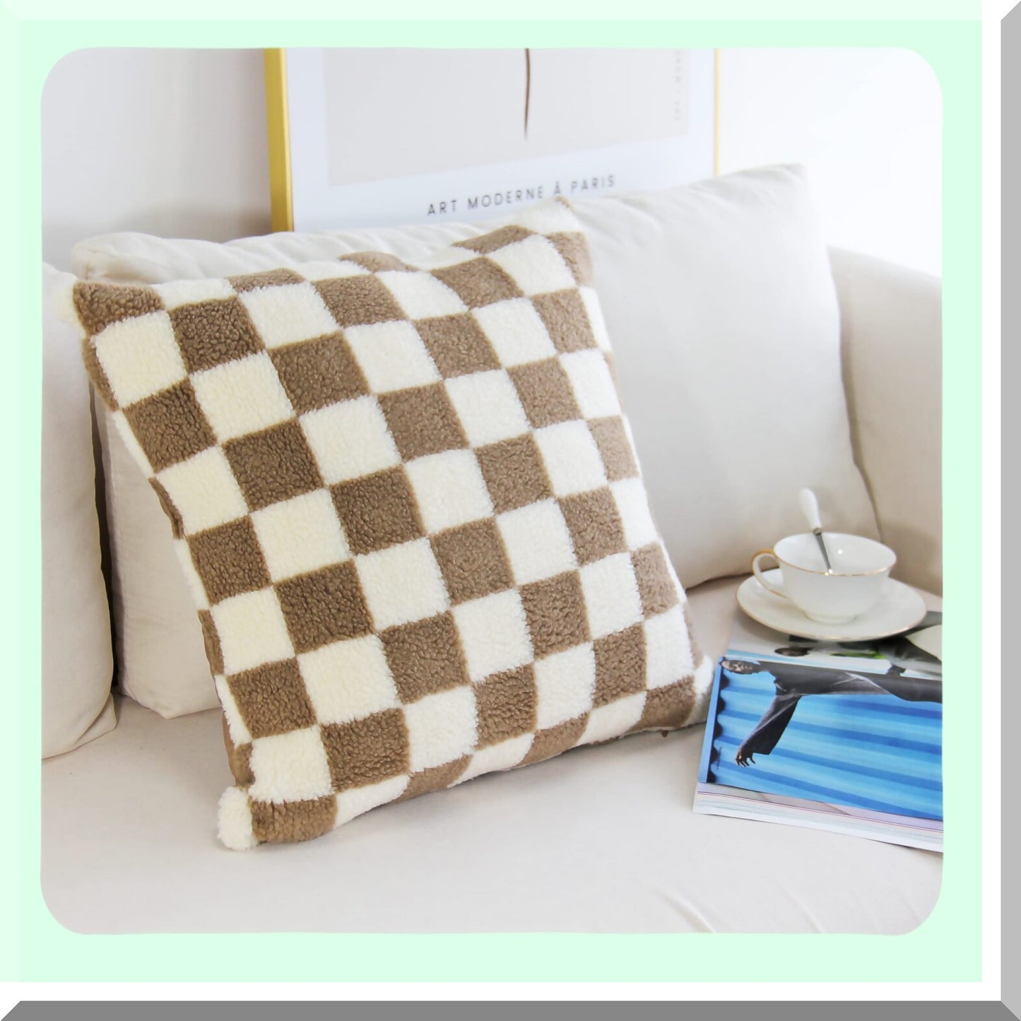 Luxury Checkerboard Wool Pillowcase Set - Soft Cushion Covers for Couch & Bedroom Decor - Pack of 2 Khaki Throw Pillowcases - 18 x 18-Inch Square