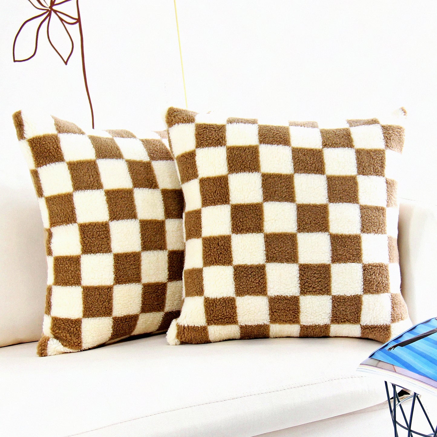 Luxury Checkerboard Wool Pillowcase Set - Soft Cushion Covers for Couch & Bedroom Decor - Pack of 2 Khaki Throw Pillowcases - 18 x 18-Inch Square