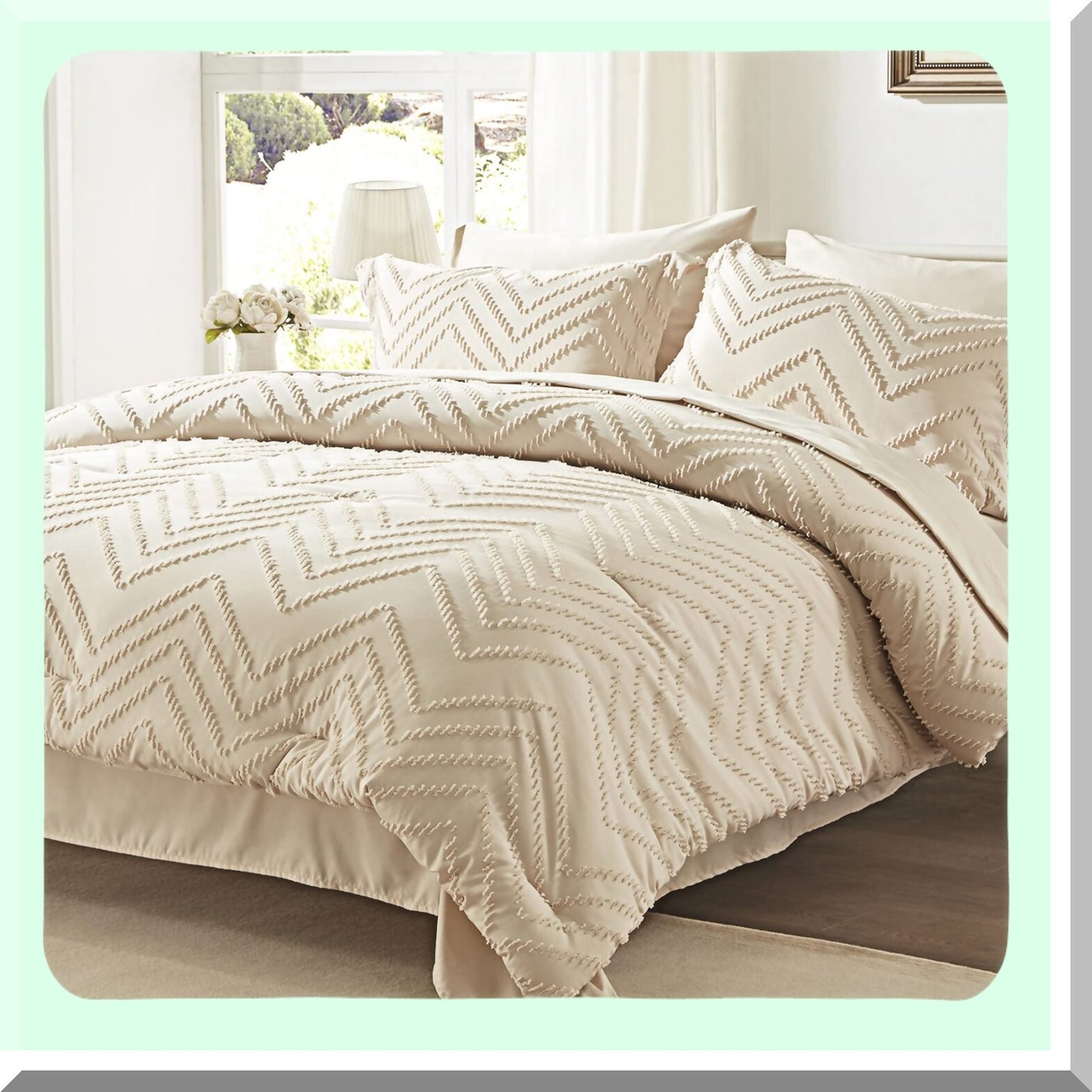 Luxury Beige Tufted Comforter Set - 7 Piece Bed in a Bag with All Season Bedding, Includes Comforter, Sheets, Pillow Shams, Pillowcases, Flat Sheet, Fitted Sheet - Queen Size