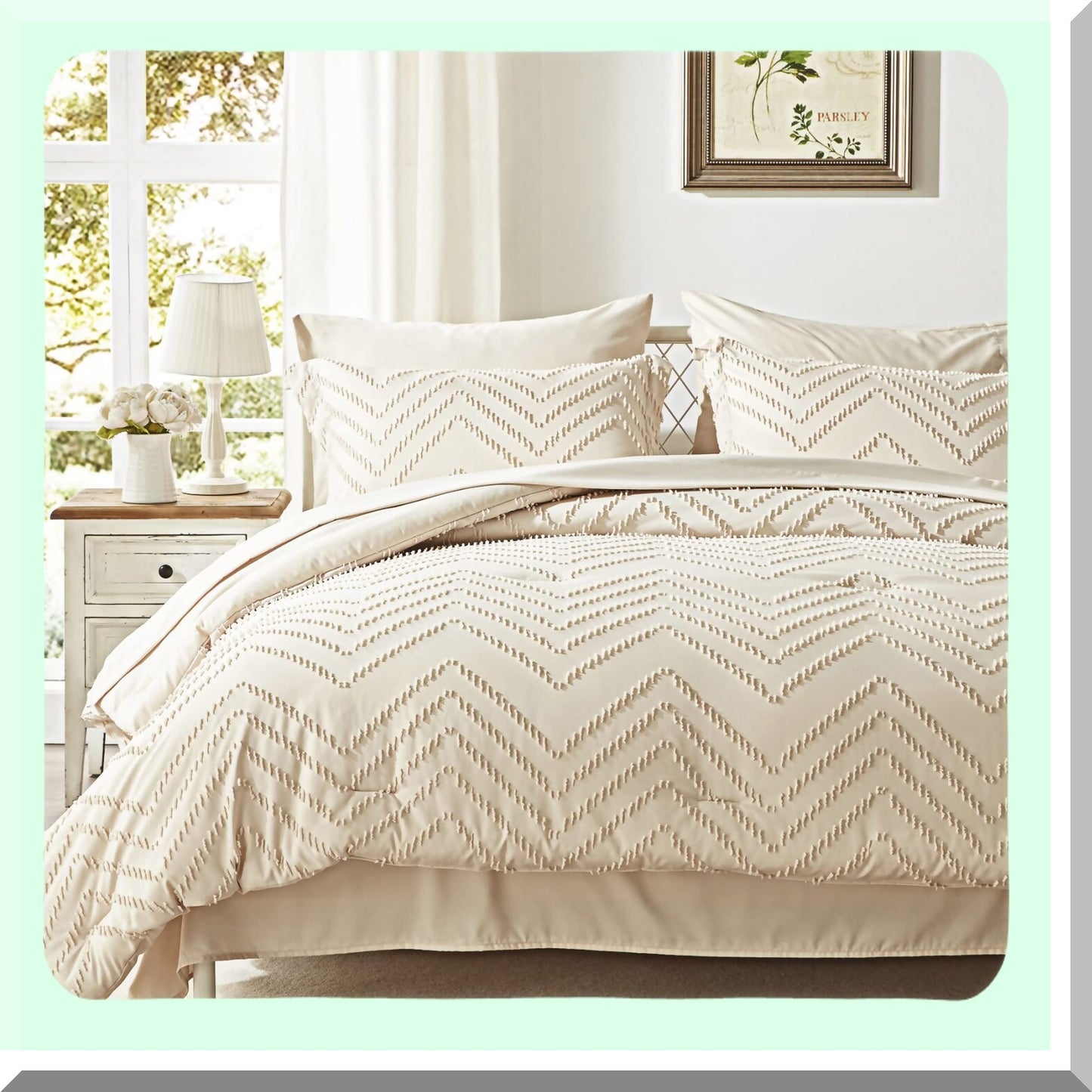 Luxury Beige Tufted Comforter Set - 7 Piece Bed in a Bag with All Season Bedding, Includes Comforter, Sheets, Pillow Shams, Pillowcases, Flat Sheet, Fitted Sheet - Queen Size
