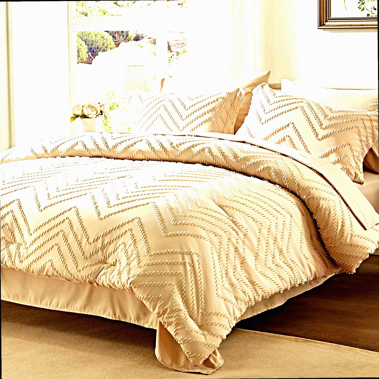 Luxury Beige Tufted Comforter Set - 7 Piece Bed in a Bag with All Season Bedding, Includes Comforter, Sheets, Pillow Shams, Pillowcases, Flat Sheet, Fitted Sheet - Queen Size