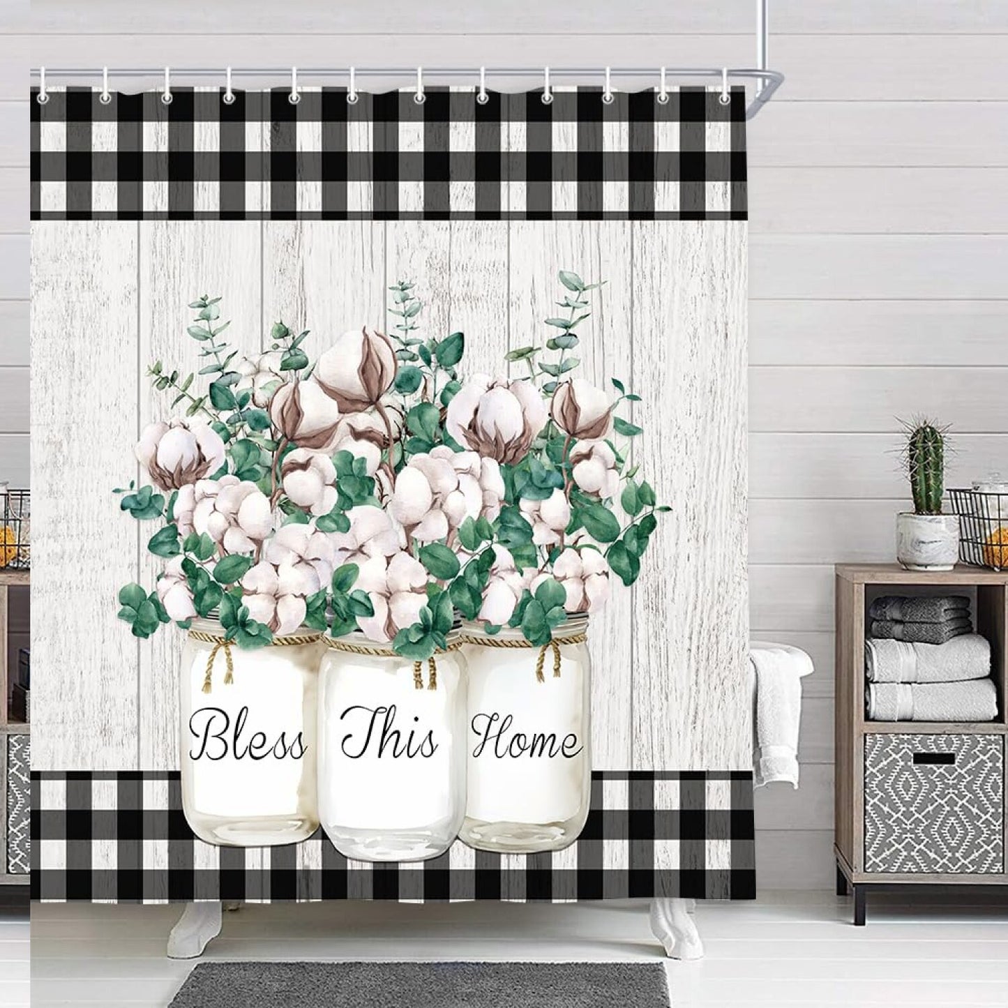 Farmhouse Cotton Flower Gray Wooden Plank Shower Curtain
