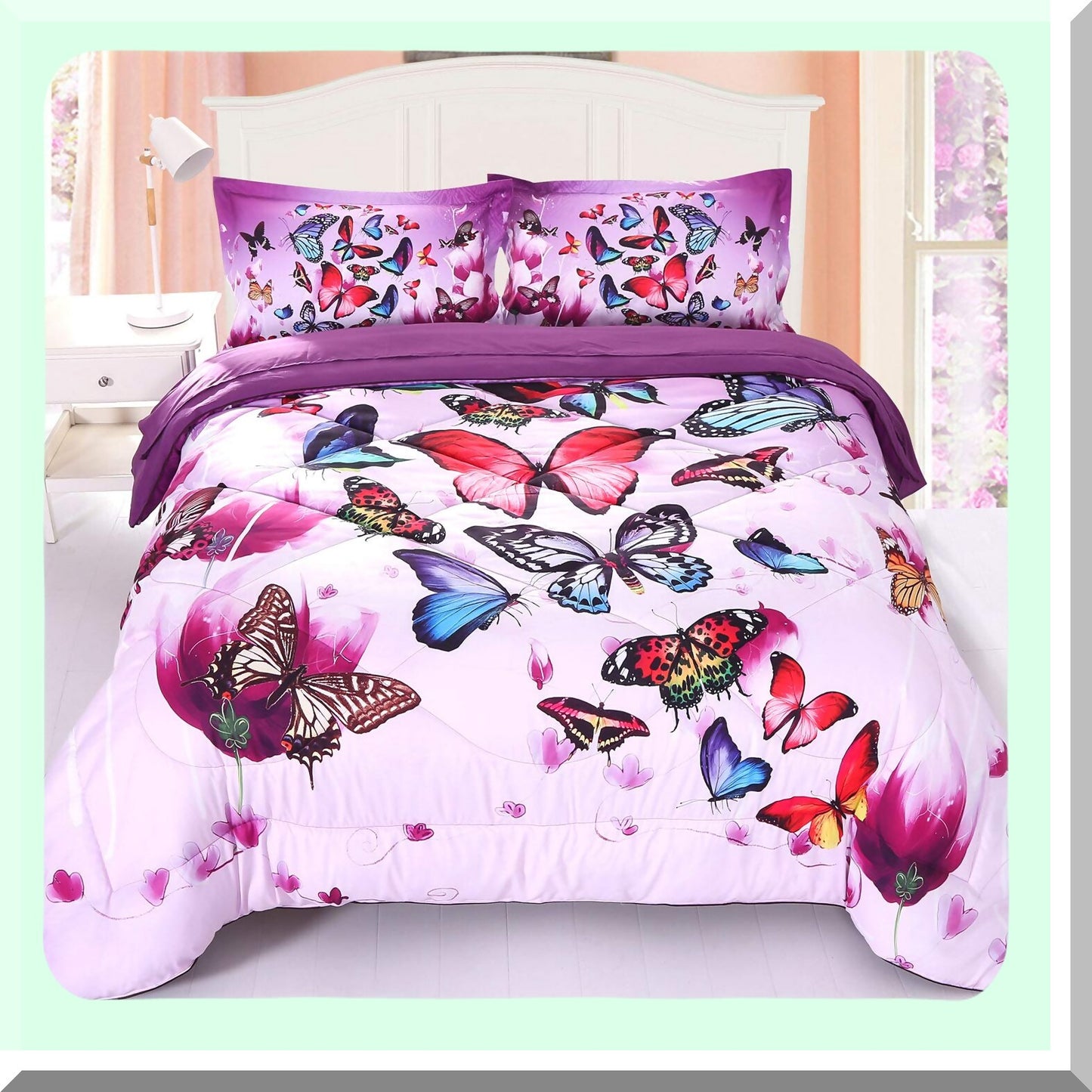 Butterfly Dreamland 3D Comforter Set - Full Size Purple Pink Bedding for Kids & Adults - 5 Piece Bed Set with Upgraded Design