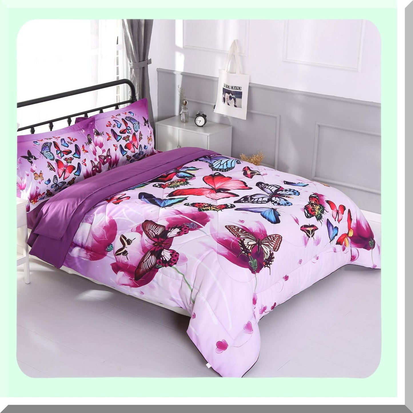Butterfly Dreamland 3D Comforter Set - Full Size Purple Pink Bedding for Kids & Adults - 5 Piece Bed Set with Upgraded Design