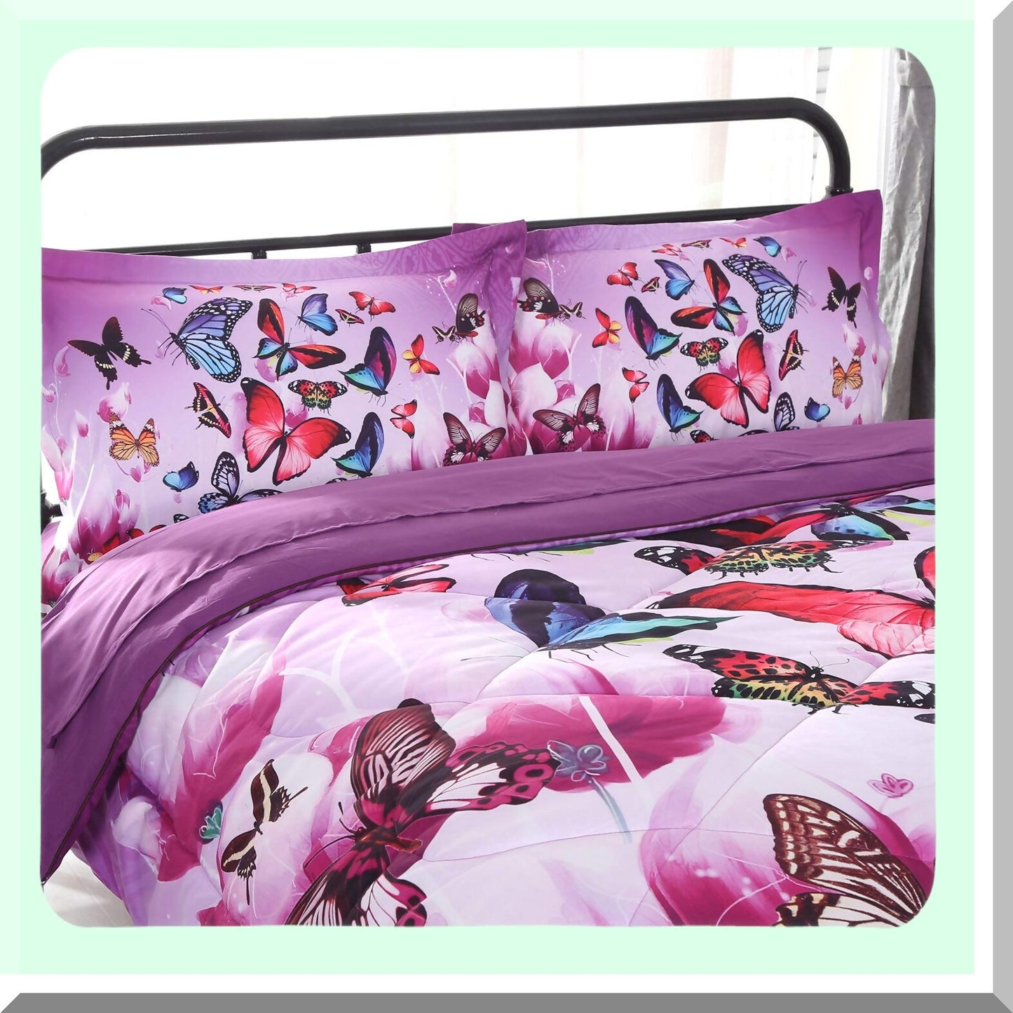Butterfly Dreamland 3D Comforter Set - Full Size Purple Pink Bedding for Kids & Adults - 5 Piece Bed Set with Upgraded Design