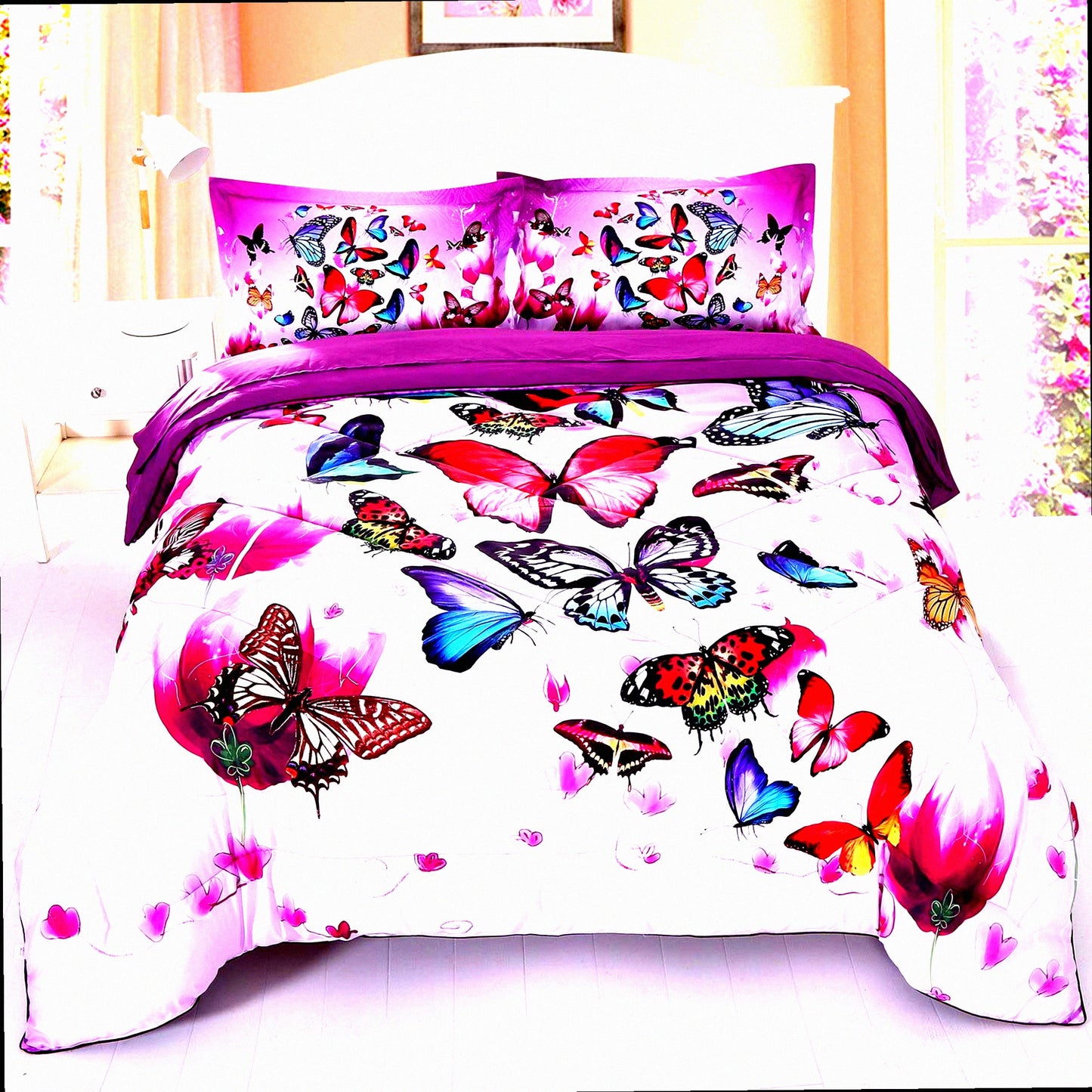 Butterfly Dreamland 3D Comforter Set - Full Size Purple Pink Bedding for Kids & Adults - 5 Piece Bed Set with Upgraded Design