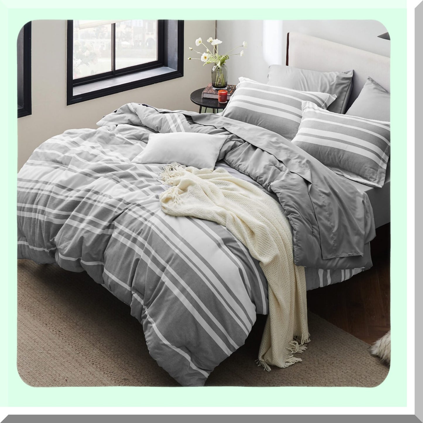 Gray Stripe Comforter Set - 7 Piece Bedding Bundle with Sheets, Pillowcases, and Shams - All Season Bed in a Bag Kit for Full Size Beds