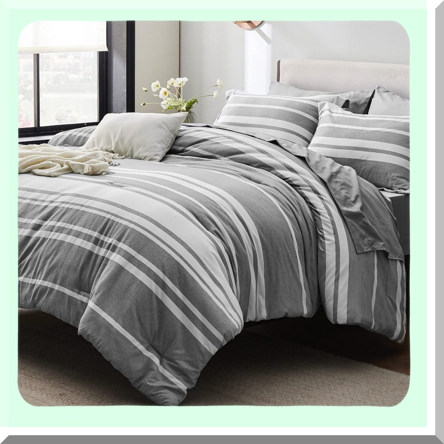 Gray Stripe Comforter Set - 7 Piece Bedding Bundle with Sheets, Pillowcases, and Shams - All Season Bed in a Bag Kit for Full Size Beds