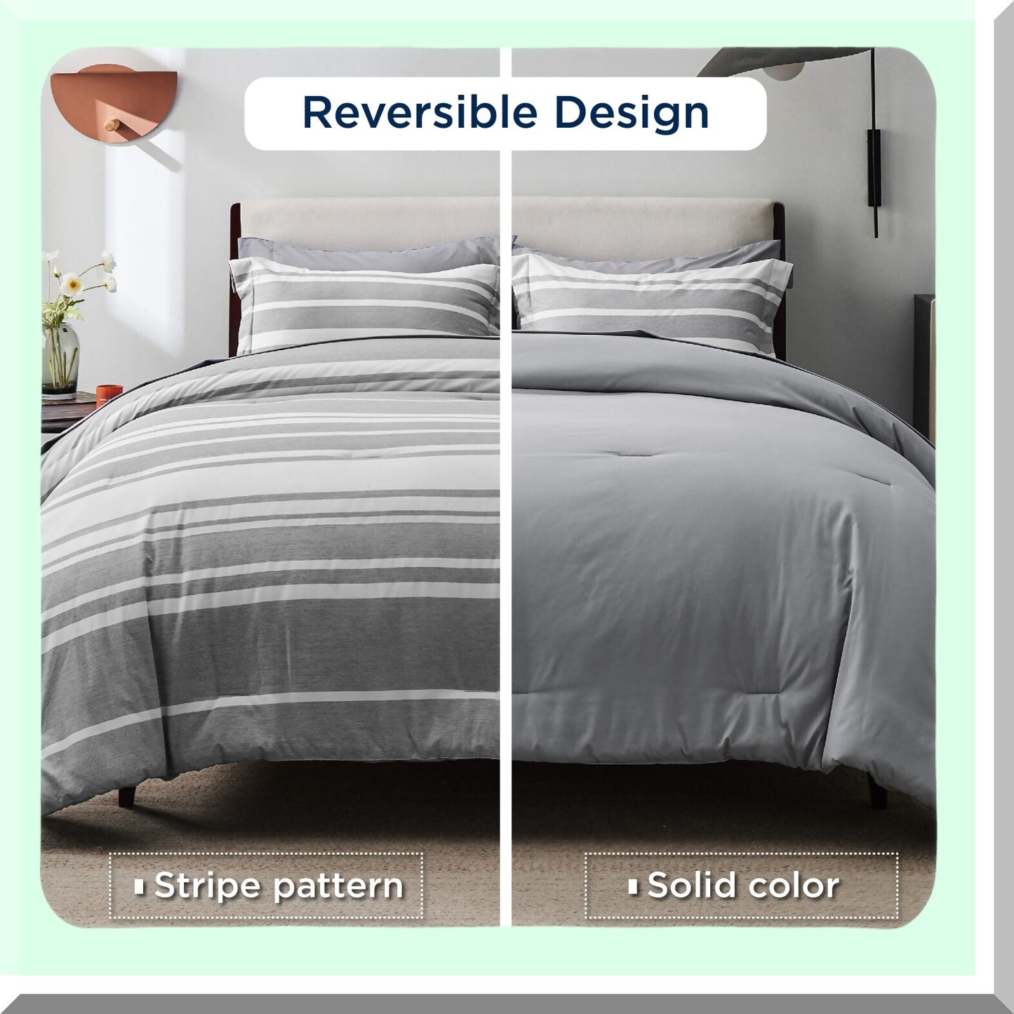 Gray Stripe Comforter Set - 7 Piece Bedding Bundle with Sheets, Pillowcases, and Shams - All Season Bed in a Bag Kit for Full Size Beds