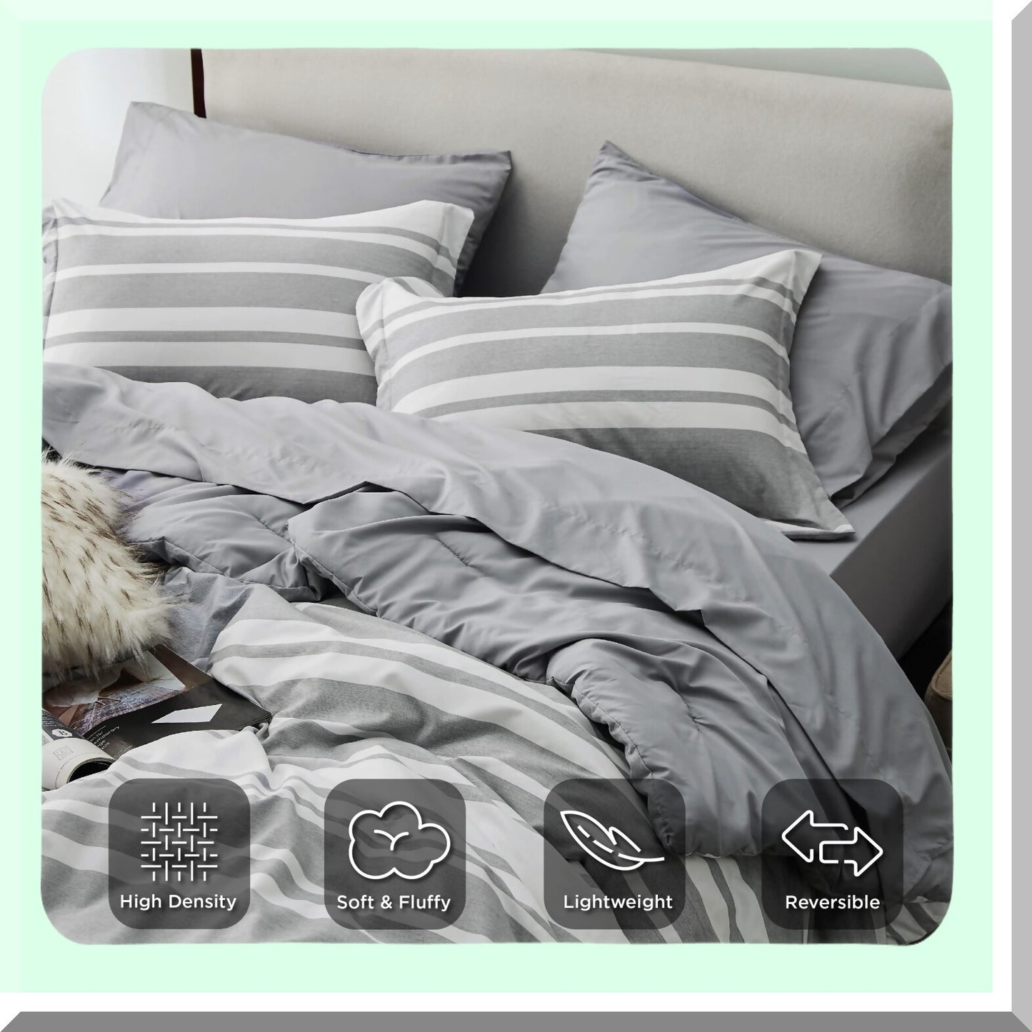 Gray Stripe Comforter Set - 7 Piece Bedding Bundle with Sheets, Pillowcases, and Shams - All Season Bed in a Bag Kit for Full Size Beds