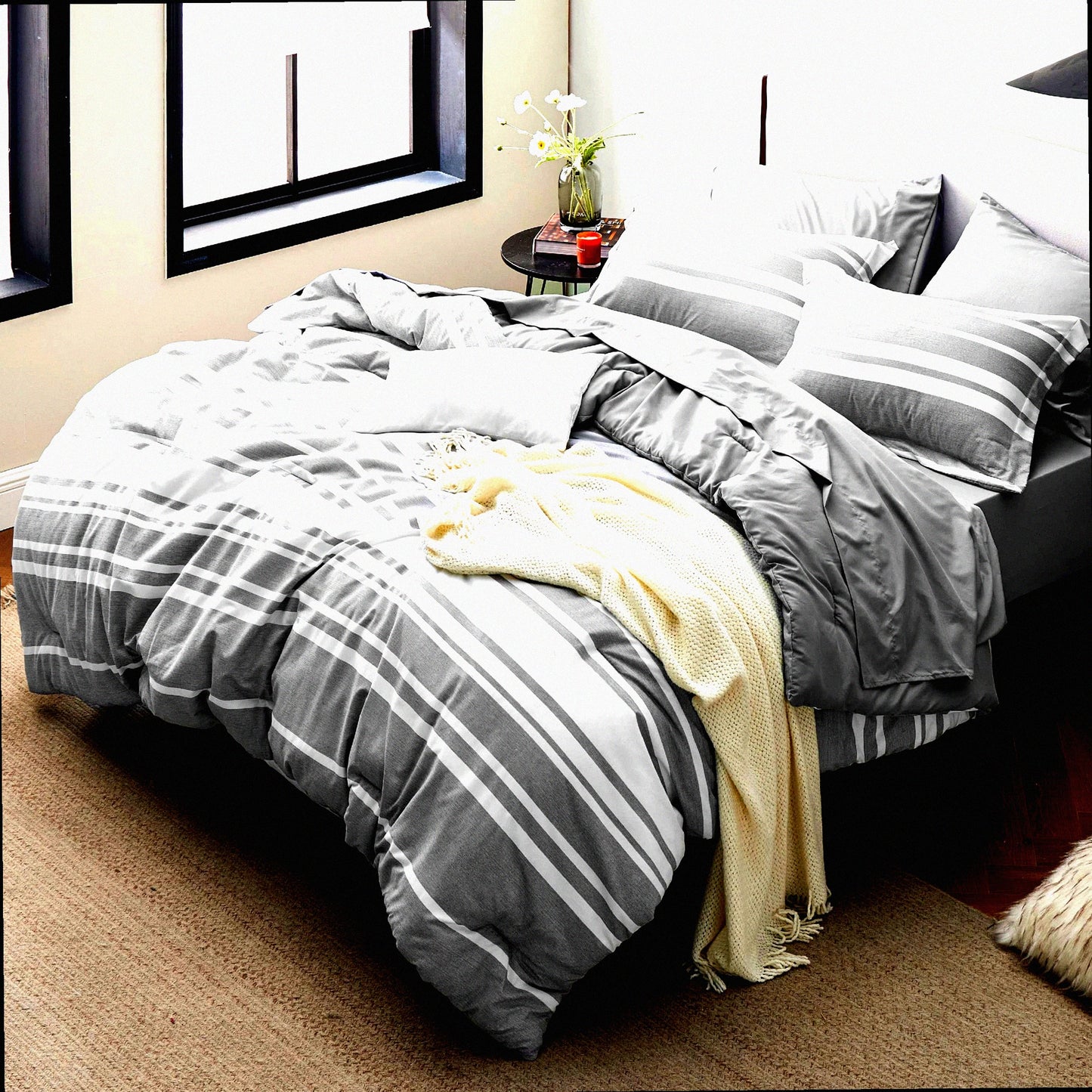 Gray Stripe Comforter Set - 7 Piece Bedding Bundle with Sheets, Pillowcases, and Shams - All Season Bed in a Bag Kit for Full Size Beds