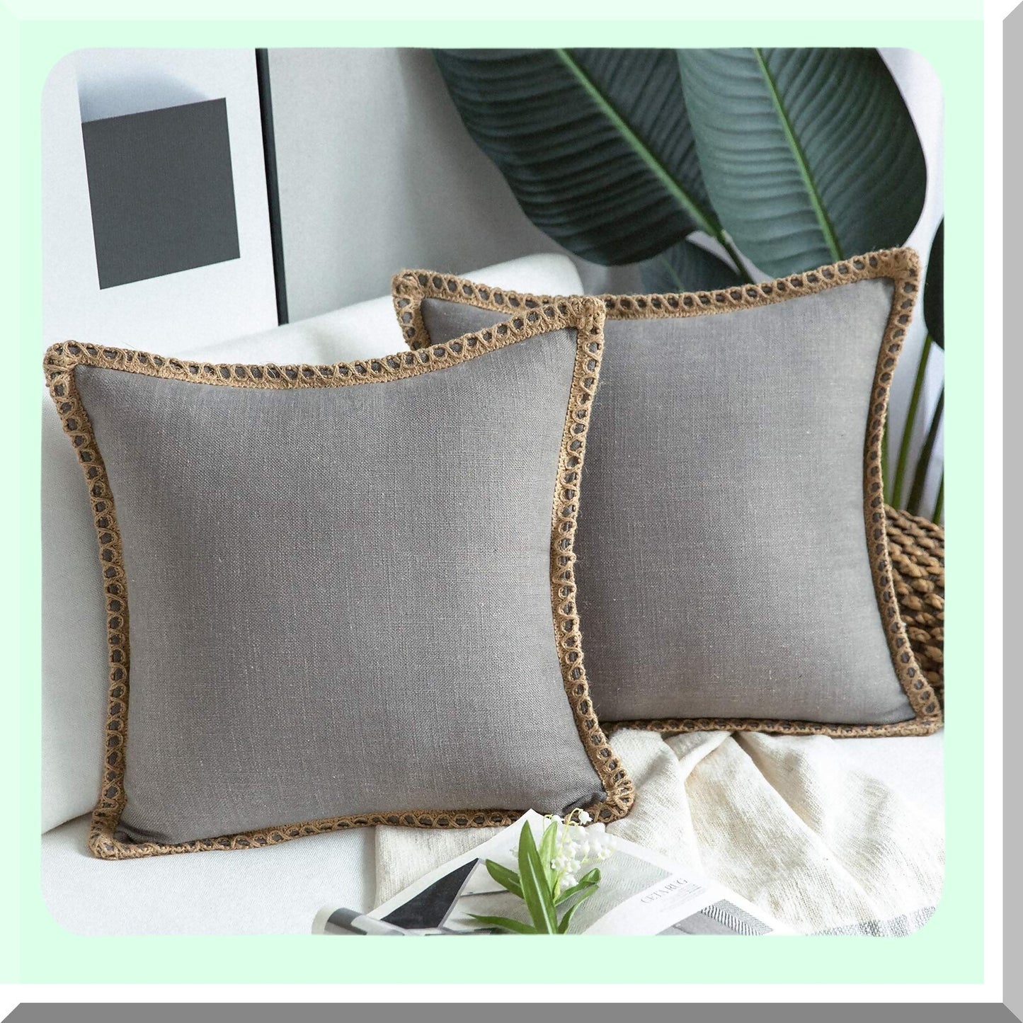 Rustic Linen Trimmed Throw Pillow Covers - Set of 2 Decorative Farmhouse Cushion Cases - Grey Burlap Tailored Edge - 22x22 inches