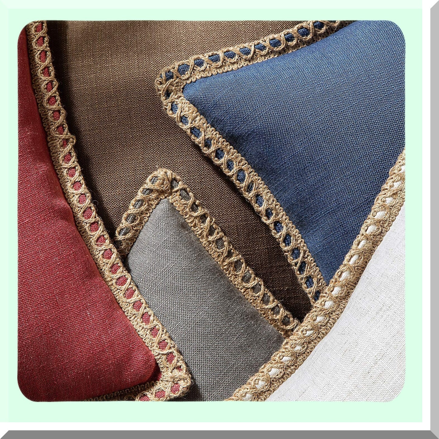 Rustic Linen Trimmed Throw Pillow Covers - Set of 2 Decorative Farmhouse Cushion Cases - Grey Burlap Tailored Edge - 22x22 inches