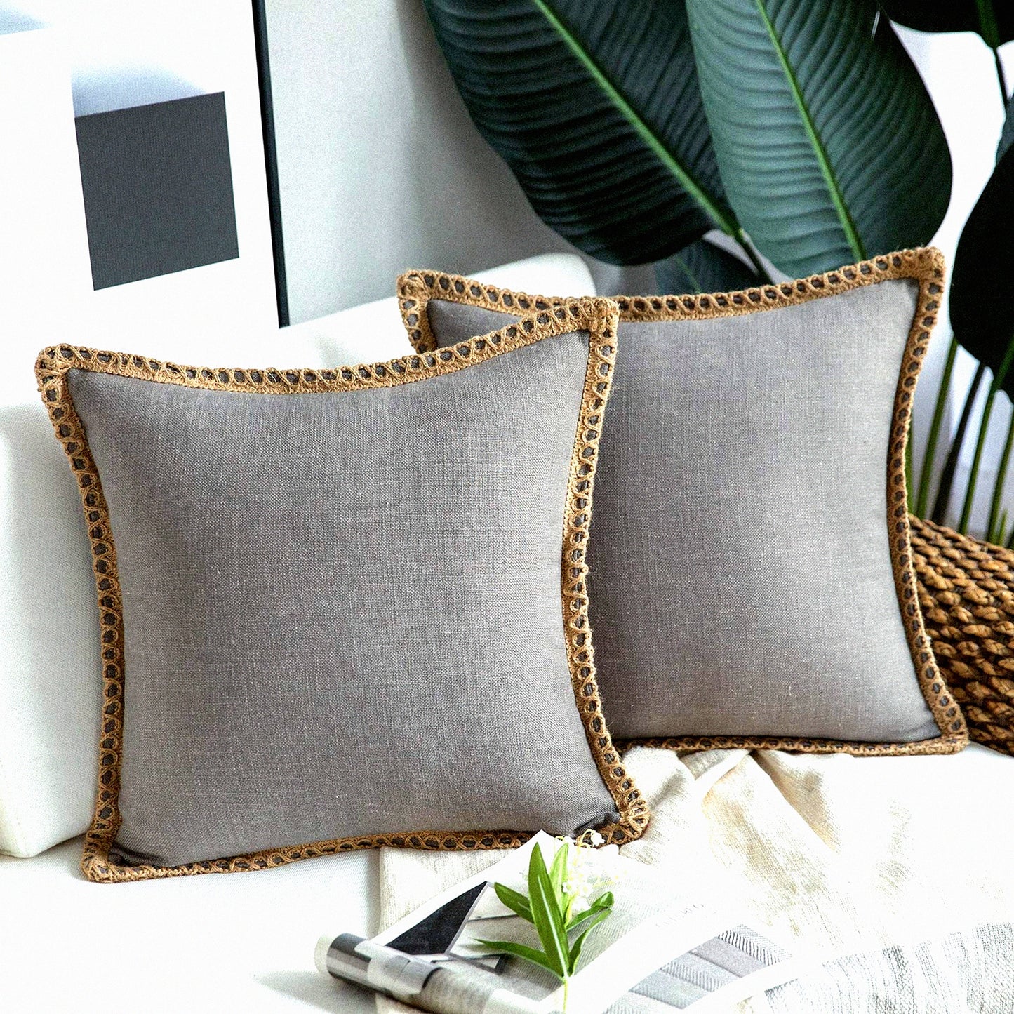 Rustic Linen Trimmed Throw Pillow Covers - Set of 2 Decorative Farmhouse Cushion Cases - Grey Burlap Tailored Edge - 22x22 inches