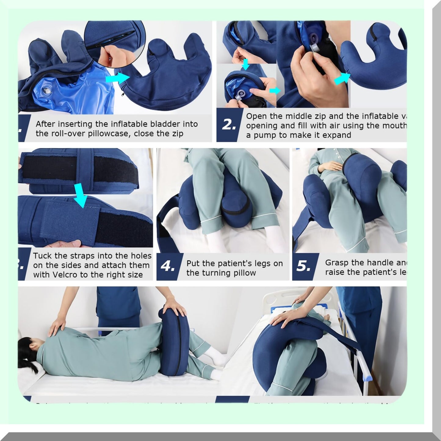MuscleCare Elderly Turning Pillow - Insufflation Device with Removable Straps for Bedridden Seniors - Dark Blue Polyester Nursing Aid