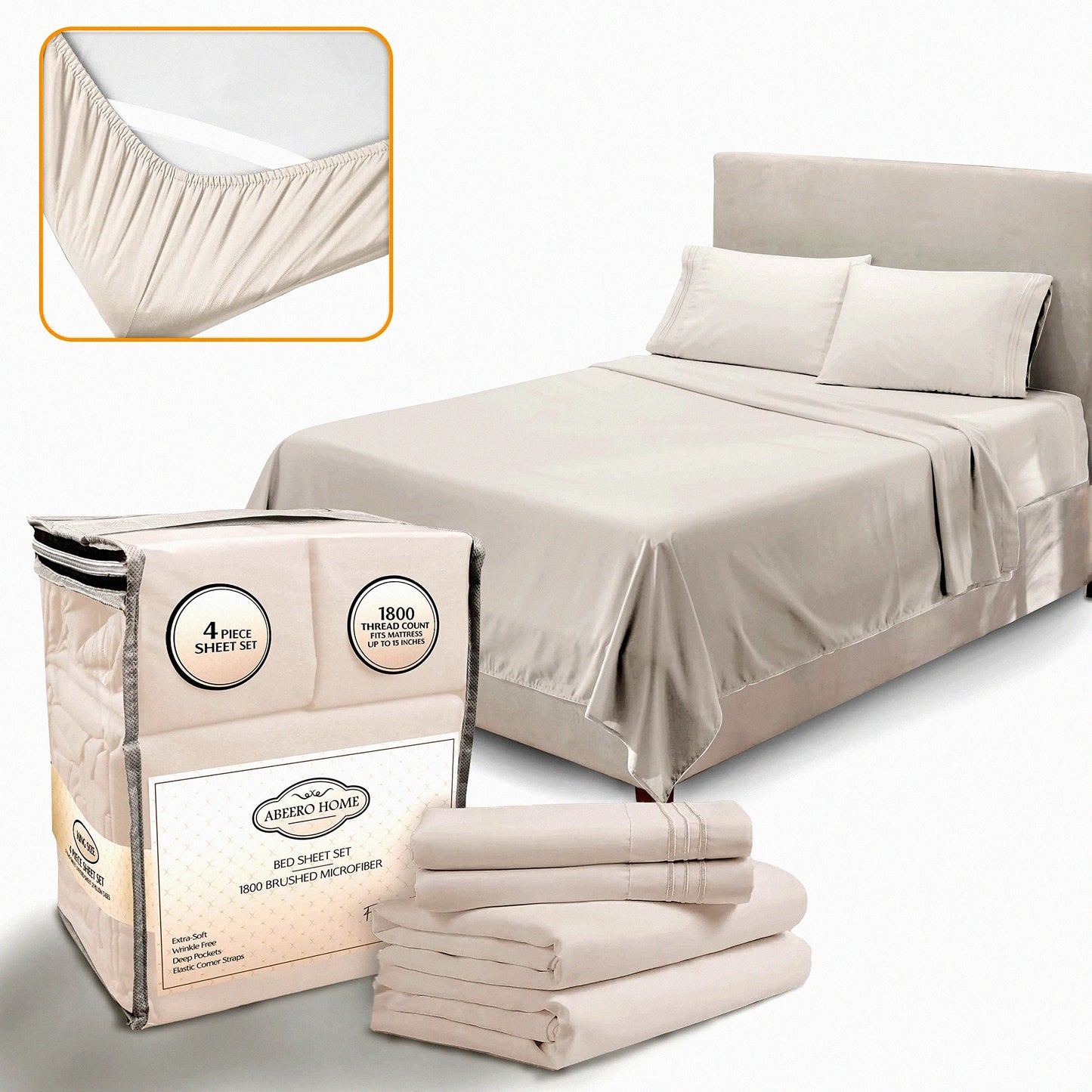 CoolLux Twin Size Bedding Set - Premium Hotel Luxury Sheets with Elastic Straps, Deep Pocket Mattress, Soft Pillowcases - 3 Piece Set (Beige)