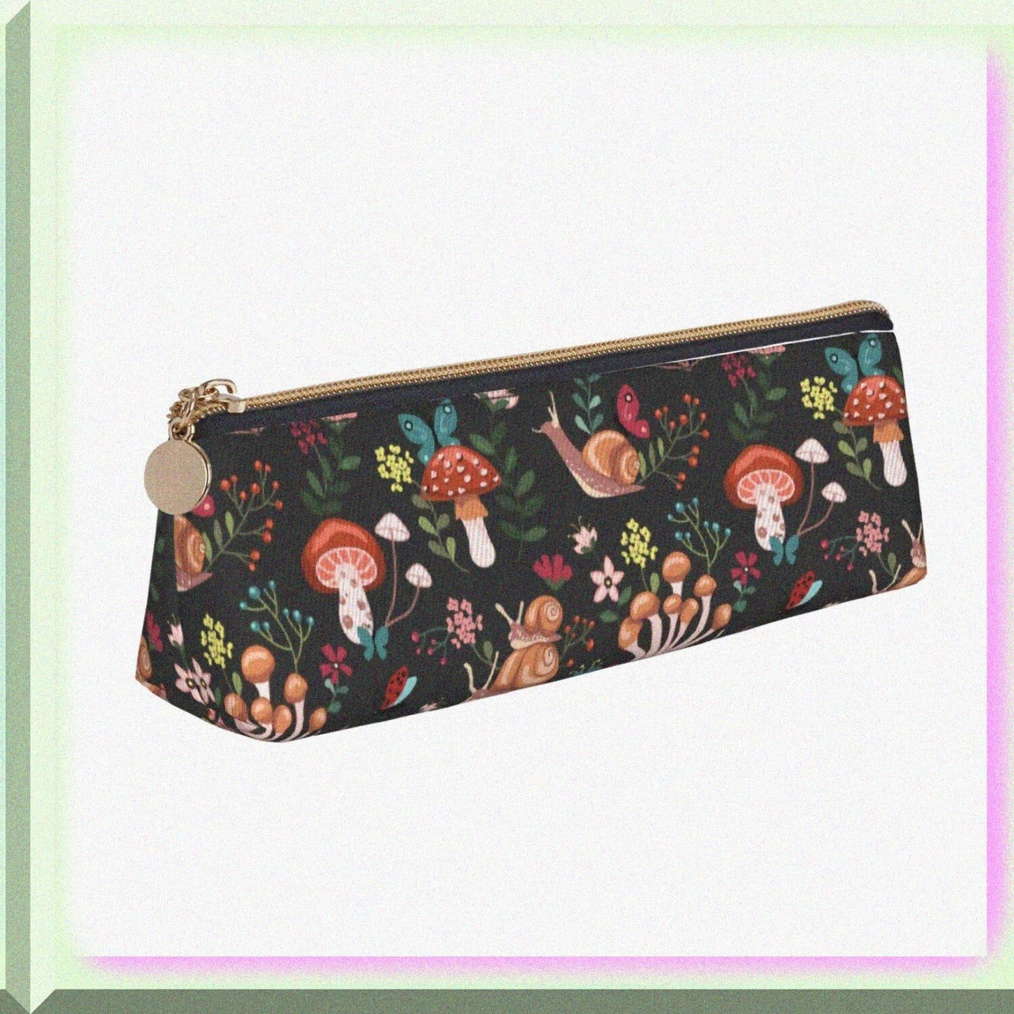 Leather Pencil Case with Mushroom Snails Butterfly Flower Pattern