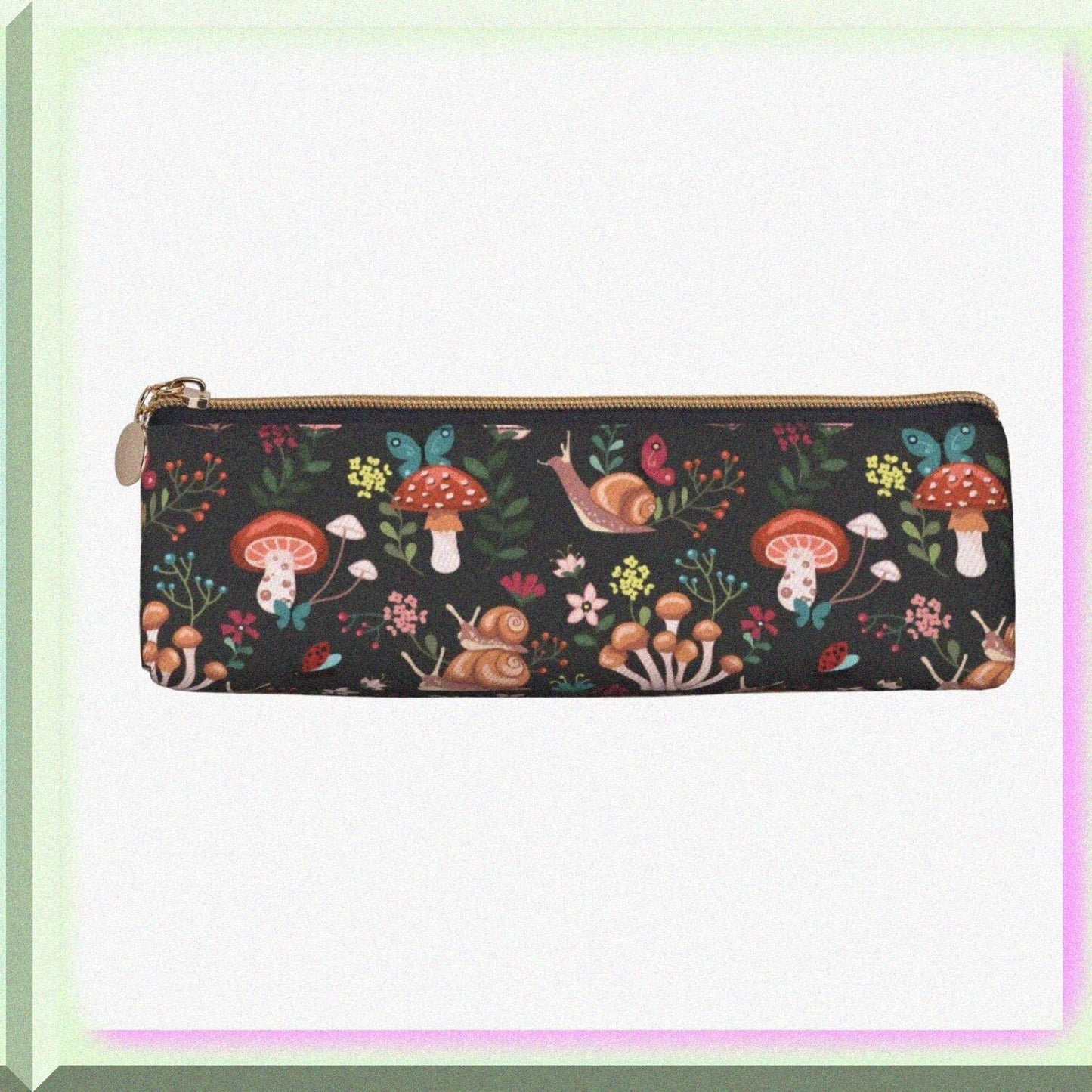 Leather Pencil Case with Mushroom Snails Butterfly Flower Pattern
