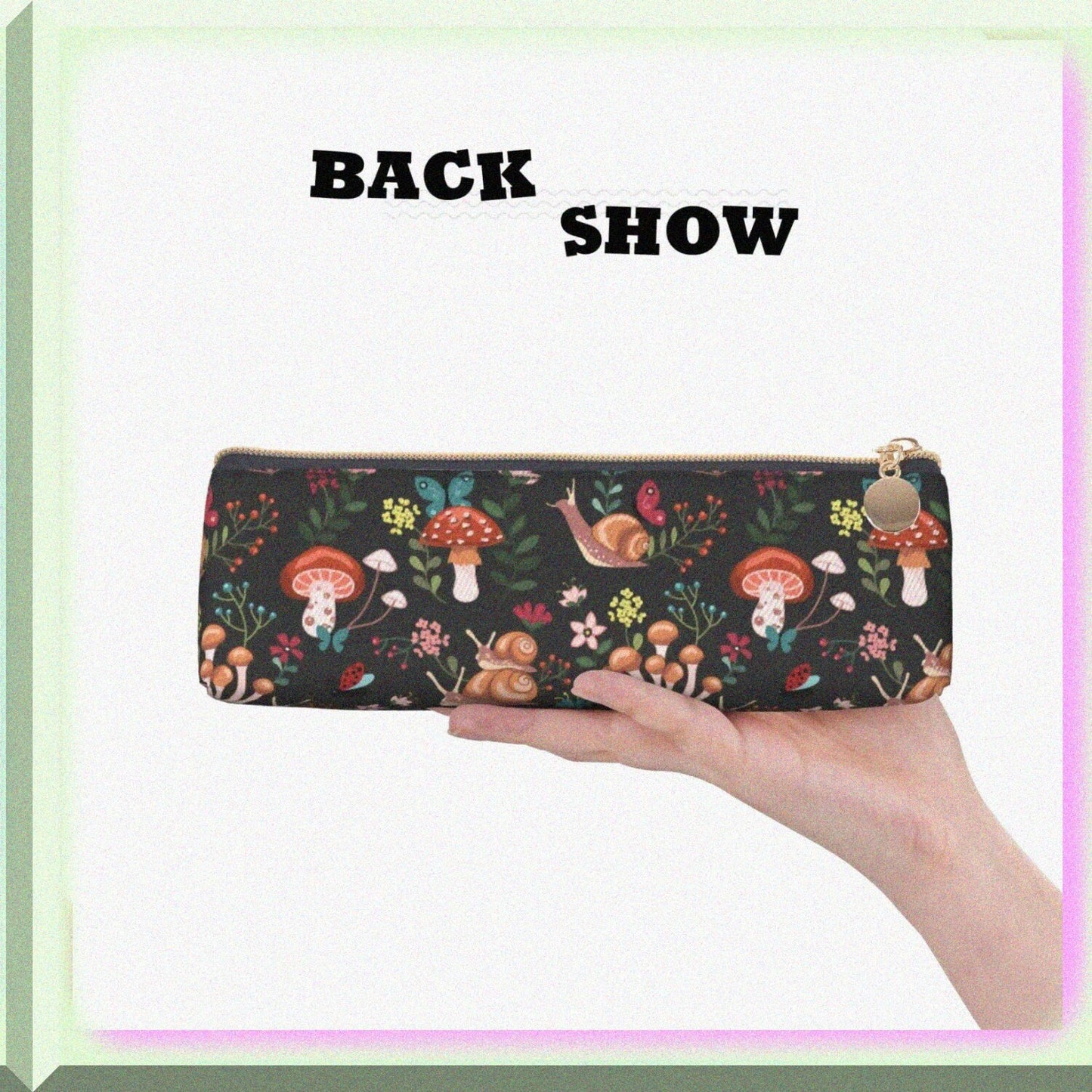 Leather Pencil Case with Mushroom Snails Butterfly Flower Pattern