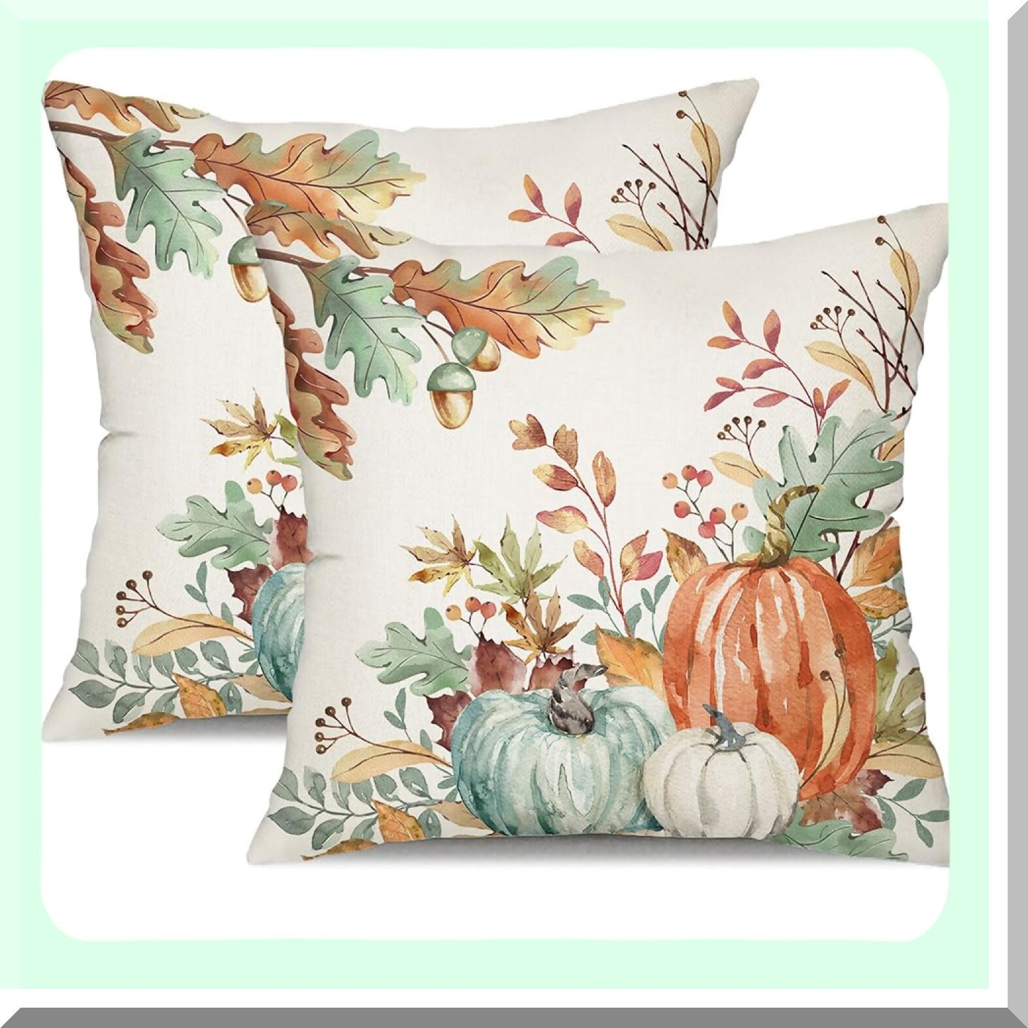 Watercolor Pumpkin Harvest Pillow Covers - Set of 2 Orange & Green Fall Leaves Decorative Throw Pillow Covers 18x18 Inch for Autumn Thanksgiving Farmhouse Decor