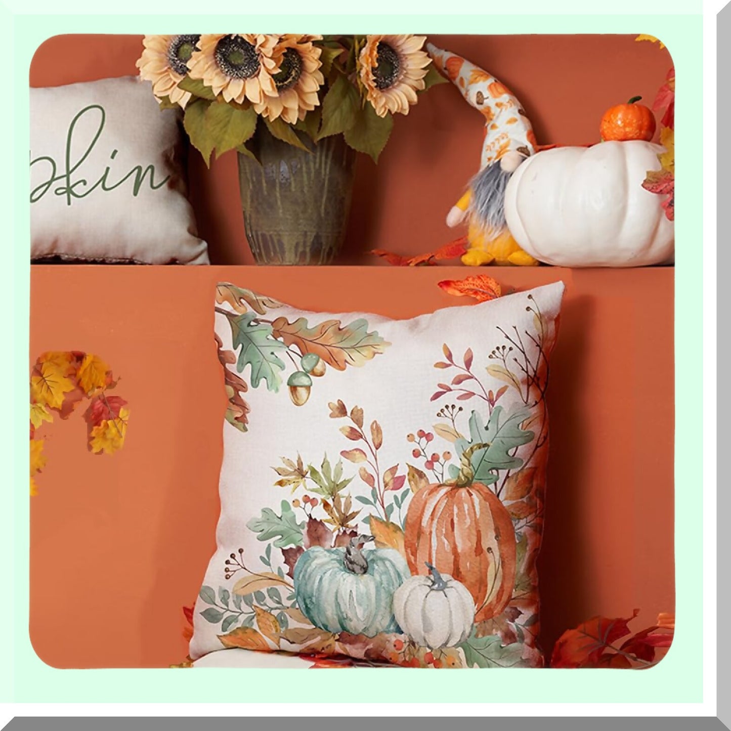 Watercolor Pumpkin Harvest Pillow Covers - Set of 2 Orange & Green Fall Leaves Decorative Throw Pillow Covers 18x18 Inch for Autumn Thanksgiving Farmhouse Decor