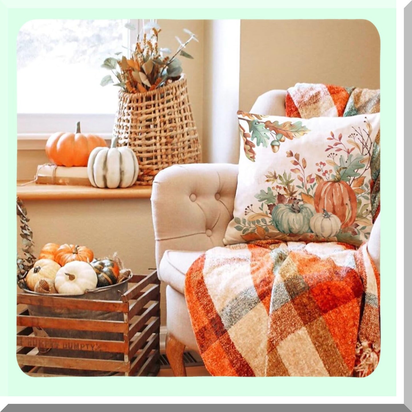 Watercolor Pumpkin Harvest Pillow Covers - Set of 2 Orange & Green Fall Leaves Decorative Throw Pillow Covers 18x18 Inch for Autumn Thanksgiving Farmhouse Decor