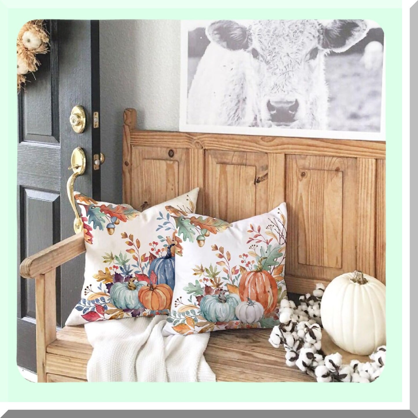 Watercolor Pumpkin Harvest Pillow Covers - Set of 2 Orange & Green Fall Leaves Decorative Throw Pillow Covers 18x18 Inch for Autumn Thanksgiving Farmhouse Decor