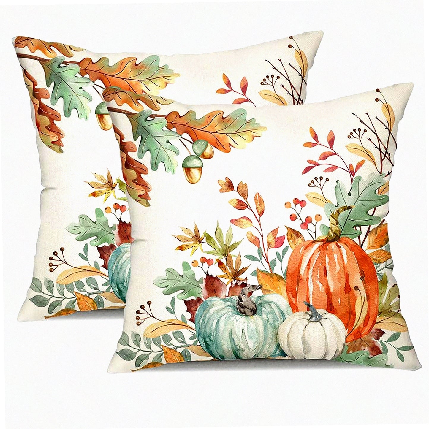 Watercolor Pumpkin Harvest Pillow Covers - Set of 2 Orange & Green Fall Leaves Decorative Throw Pillow Covers 18x18 Inch for Autumn Thanksgiving Farmhouse Decor