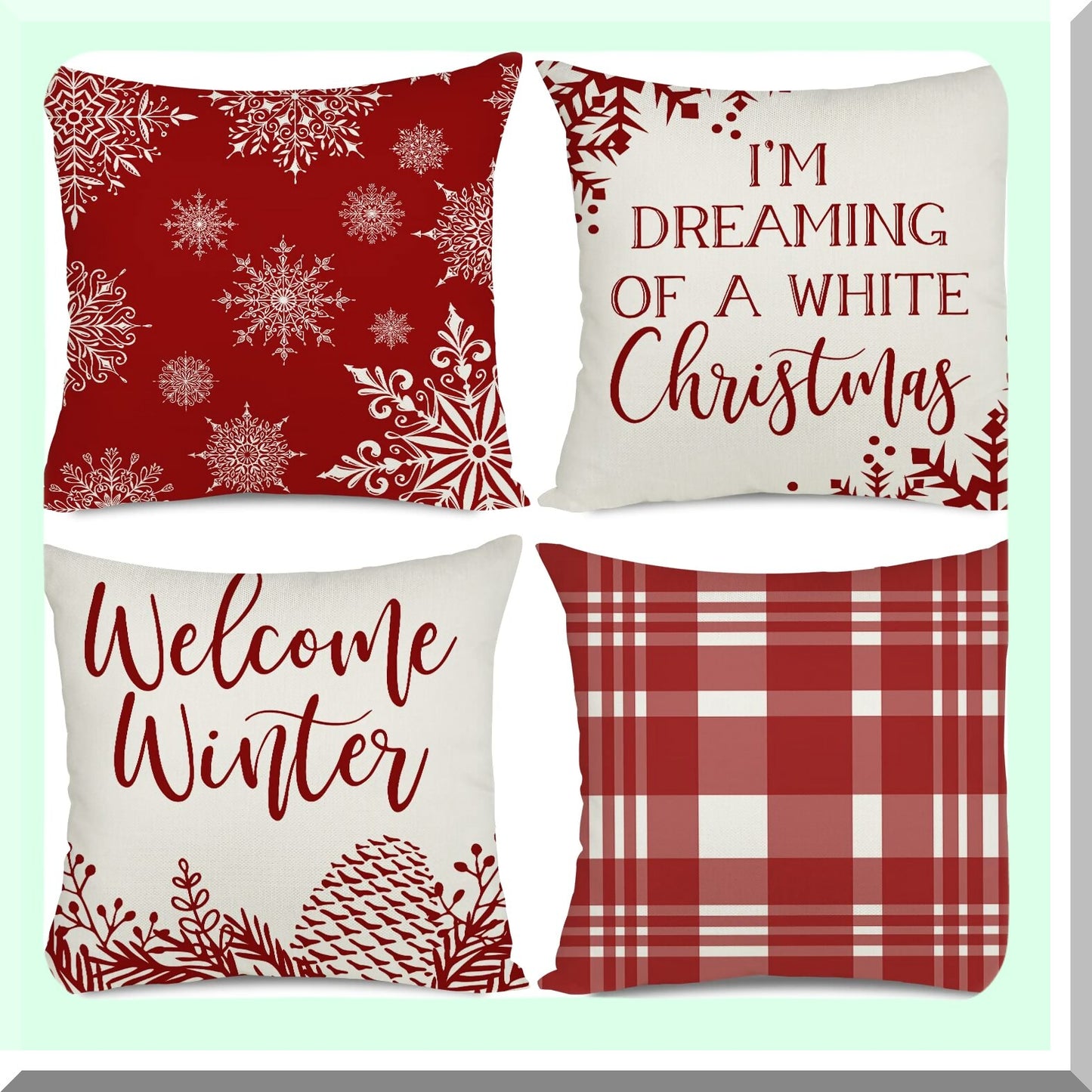 Winter Buffalo Plaid Farmhouse Pillow Covers - Set of 4 | Decorative Xmas Sofa Shams | Outdoor Couch Slipcovers | Welcome Winter Decorations - 20x20