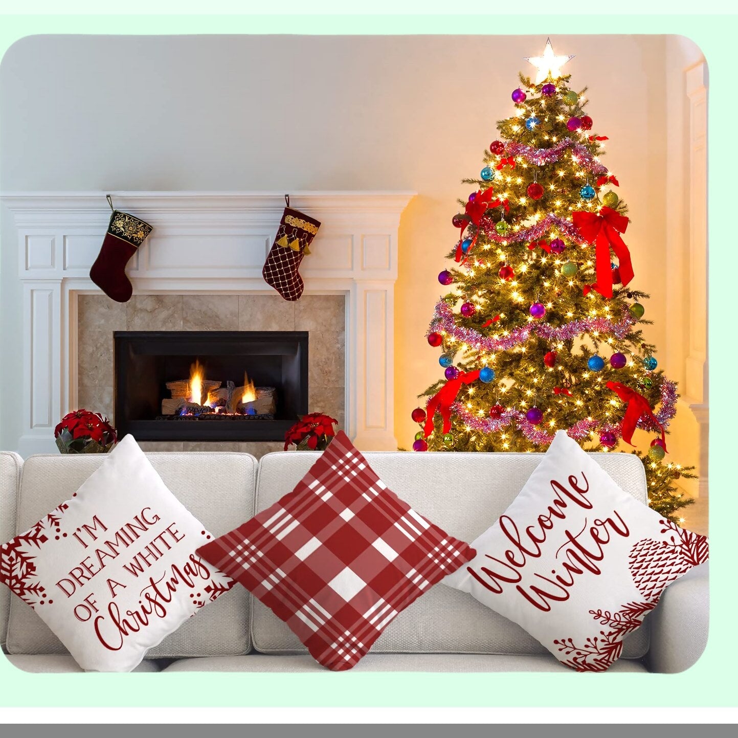 Winter Buffalo Plaid Farmhouse Pillow Covers - Set of 4 | Decorative Xmas Sofa Shams | Outdoor Couch Slipcovers | Welcome Winter Decorations - 20x20