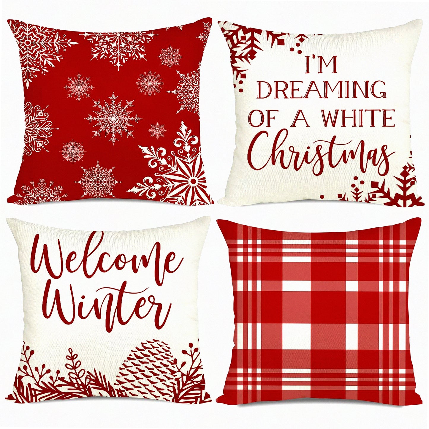 Winter Buffalo Plaid Farmhouse Pillow Covers - Set of 4 | Decorative Xmas Sofa Shams | Outdoor Couch Slipcovers | Welcome Winter Decorations - 20x20