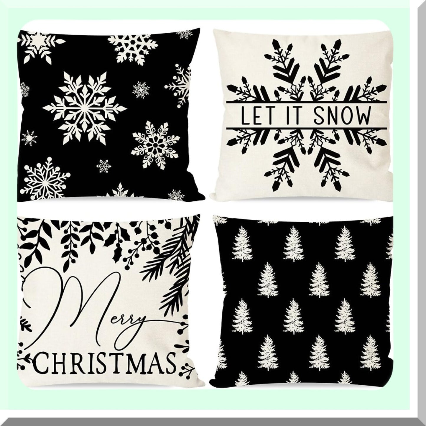 Winter Farmhouse Snowflake Pillow Covers - Set of 4 Black Decorative Throw Pillow Cases 18x18 for Couch Decorations.