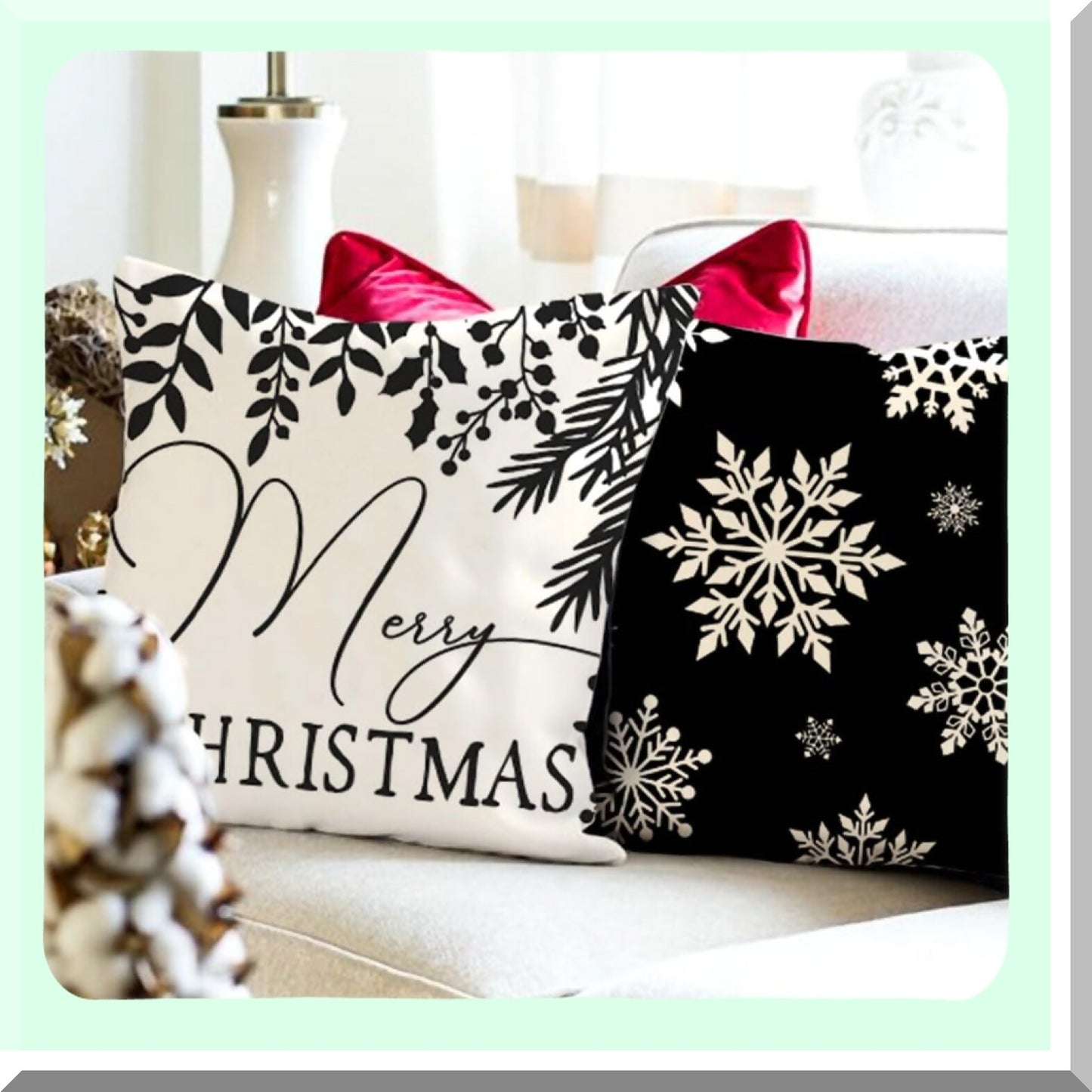 Winter Farmhouse Snowflake Pillow Covers - Set of 4 Black Decorative Throw Pillow Cases 18x18 for Couch Decorations.