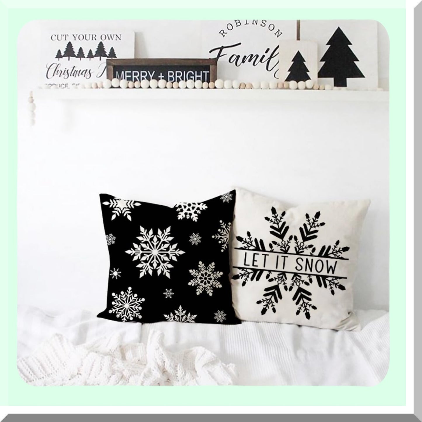 Winter Farmhouse Snowflake Pillow Covers - Set of 4 Black Decorative Throw Pillow Cases 18x18 for Couch Decorations.