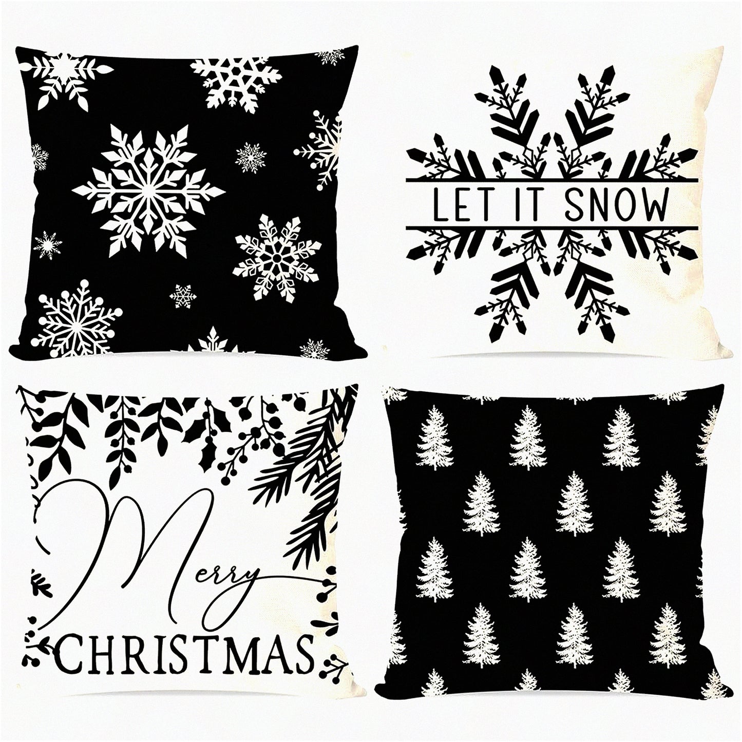 Winter Farmhouse Snowflake Pillow Covers - Set of 4 Black Decorative Throw Pillow Cases 18x18 for Couch Decorations.