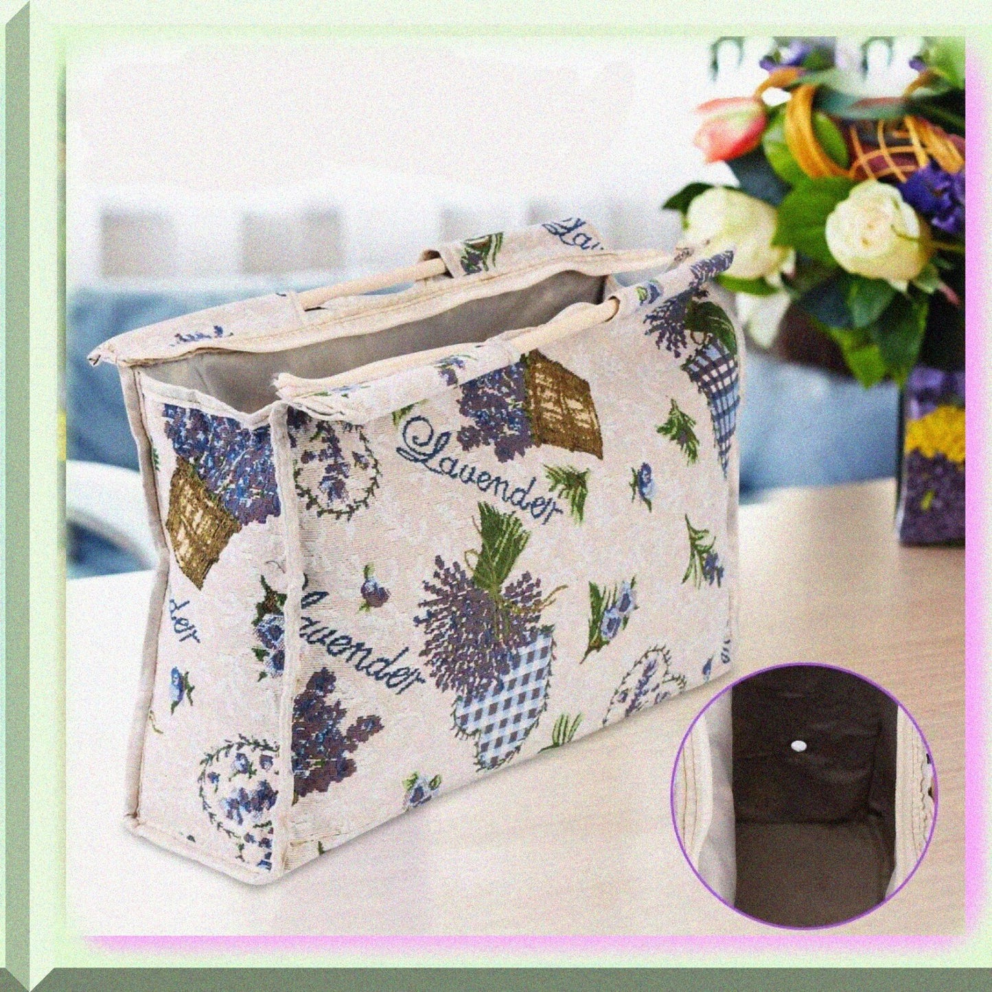 Woven Storage Bag with Handle Blue Flower 42x30x11cm