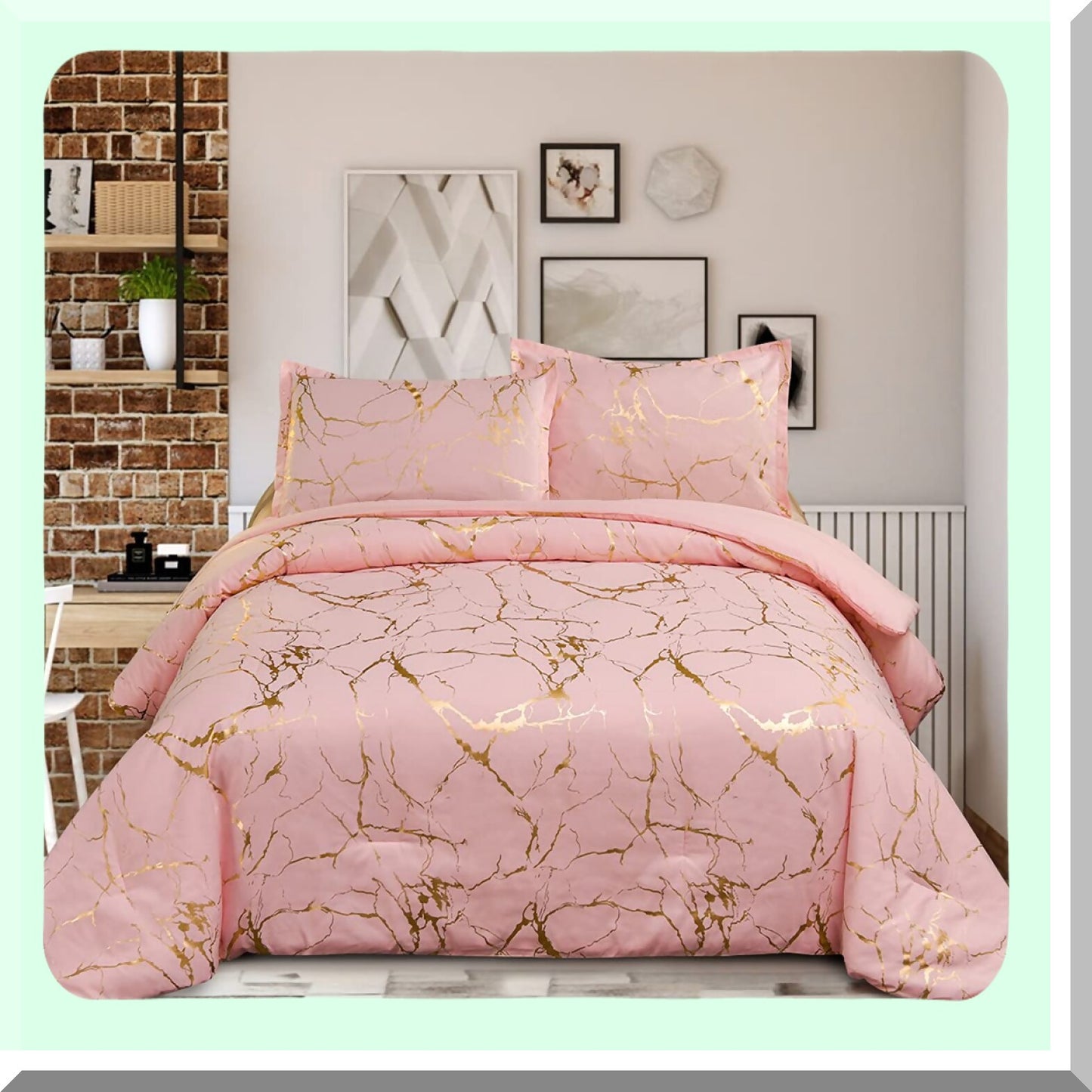 Glittering Gold Marble Comforter Set - Queen Size F Print Bedding in Blush/Gold - Luxurious Metallic Bedding Sets for Queen Beds