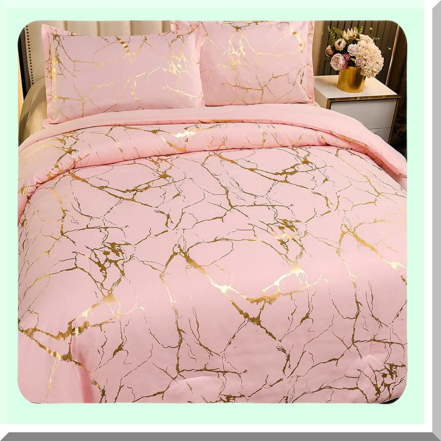 Glittering Gold Marble Comforter Set - Queen Size F Print Bedding in Blush/Gold - Luxurious Metallic Bedding Sets for Queen Beds