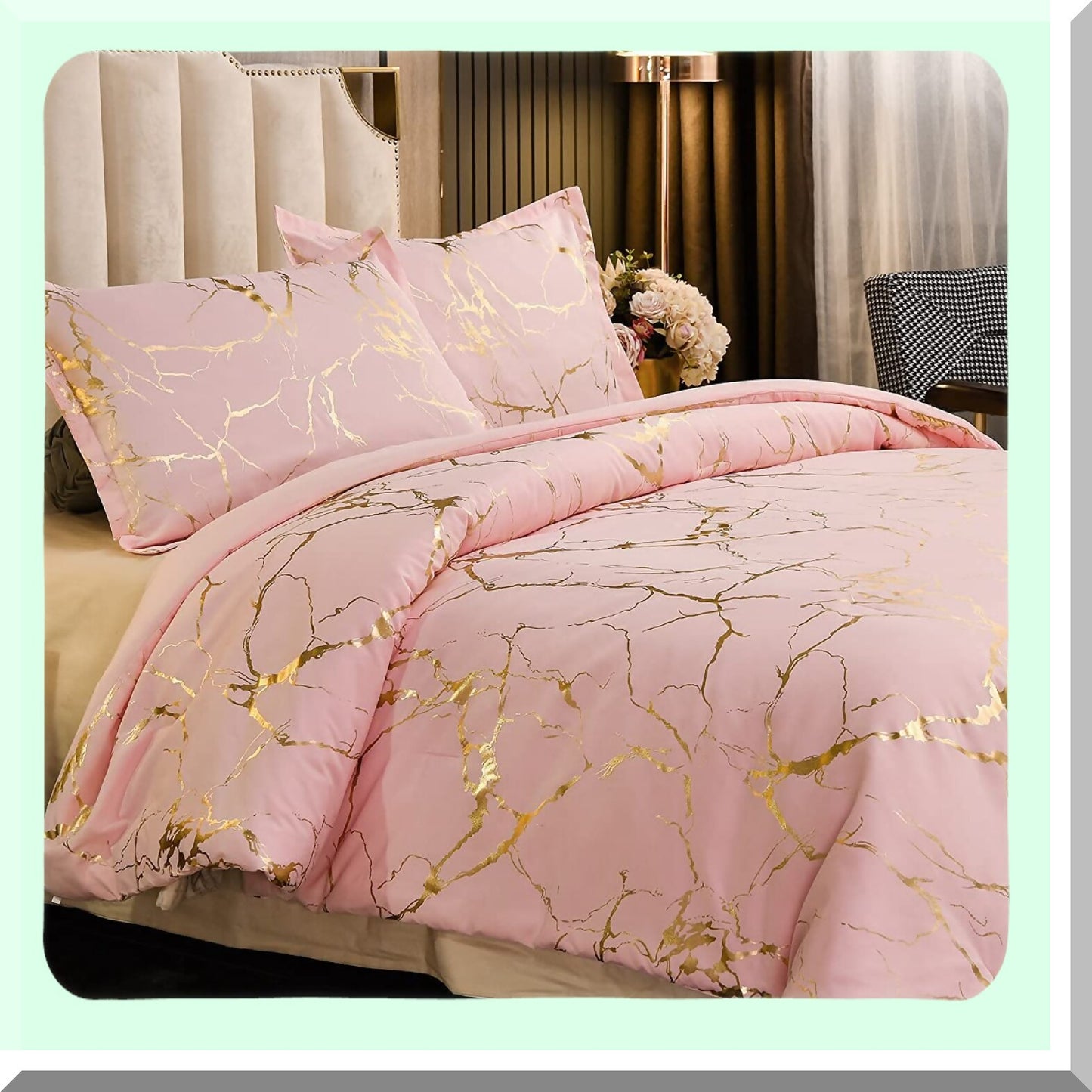 Glittering Gold Marble Comforter Set - Queen Size F Print Bedding in Blush/Gold - Luxurious Metallic Bedding Sets for Queen Beds