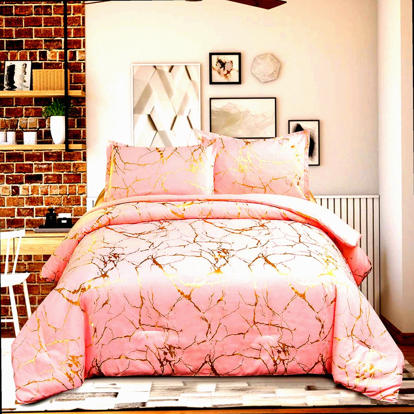 Glittering Gold Marble Comforter Set - Queen Size F Print Bedding in Blush/Gold - Luxurious Metallic Bedding Sets for Queen Beds