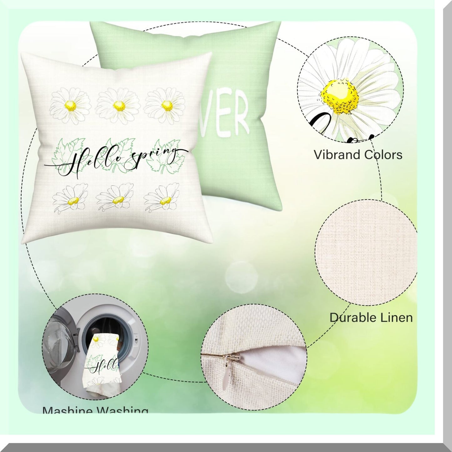 Bloom & Green Farmhouse Pillow Covers - Spring Daisy Decorative Cushion Cases for Couch & Outdoor Decorations, Hello Spring 18x18 Summer Throw Pillows
